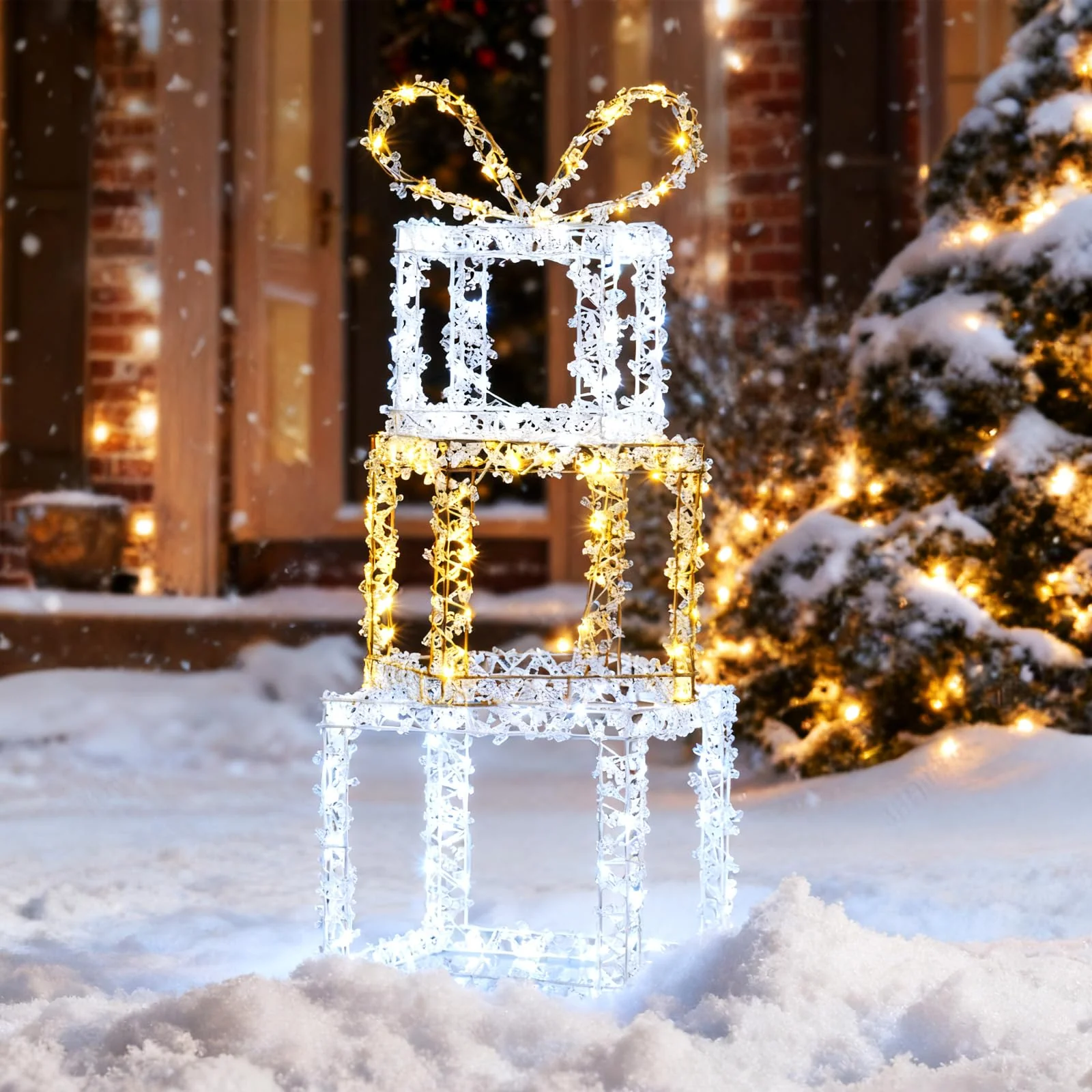 Tangkula Stacked Lighted Gift Boxes Set of 3 Pre-Lit Christmas Present Box Lights