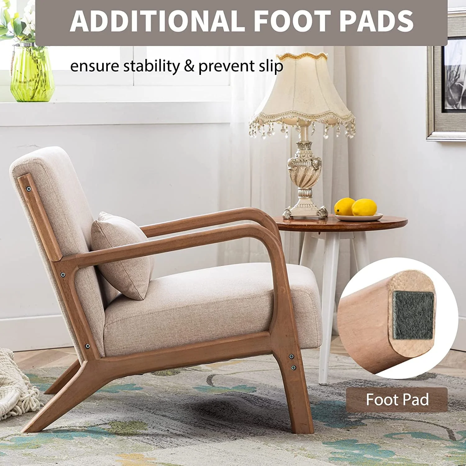 Mid Century Modern Accent Chair, Single Fabric Lounge Reading Armchair with Solid Wood Frame, Easy Assembly Arm Chairs for Living Room, Beige(1/Beige) Image 7