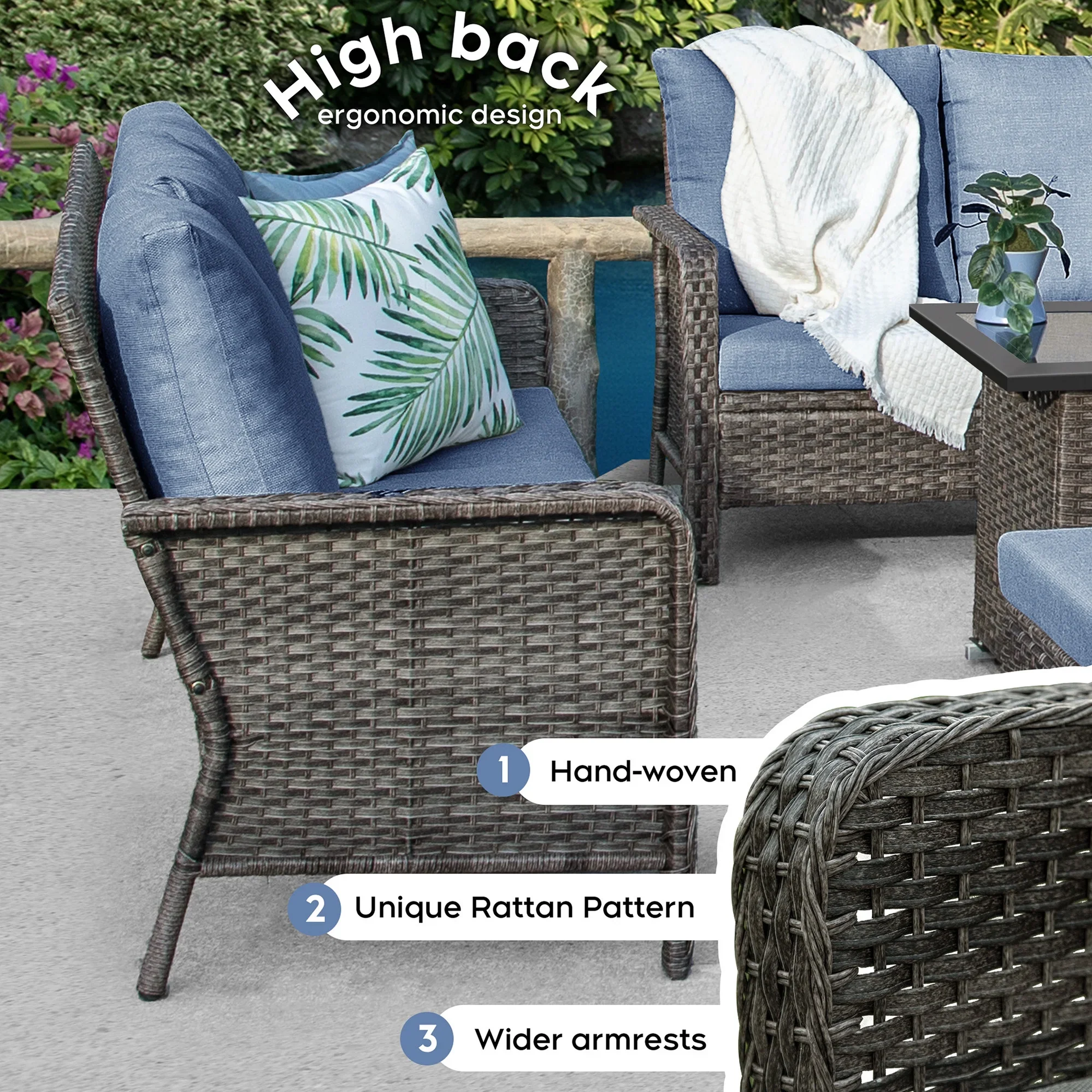 Brafab 7 Seat Outdoor Patio Furniture Set with 44 Gas Fire Pit Table, PE Wicker Patio Conversation Sets Cushioned Seat Couch Outdoor Sectional Chair Sofa Set for Yard Garden Porch