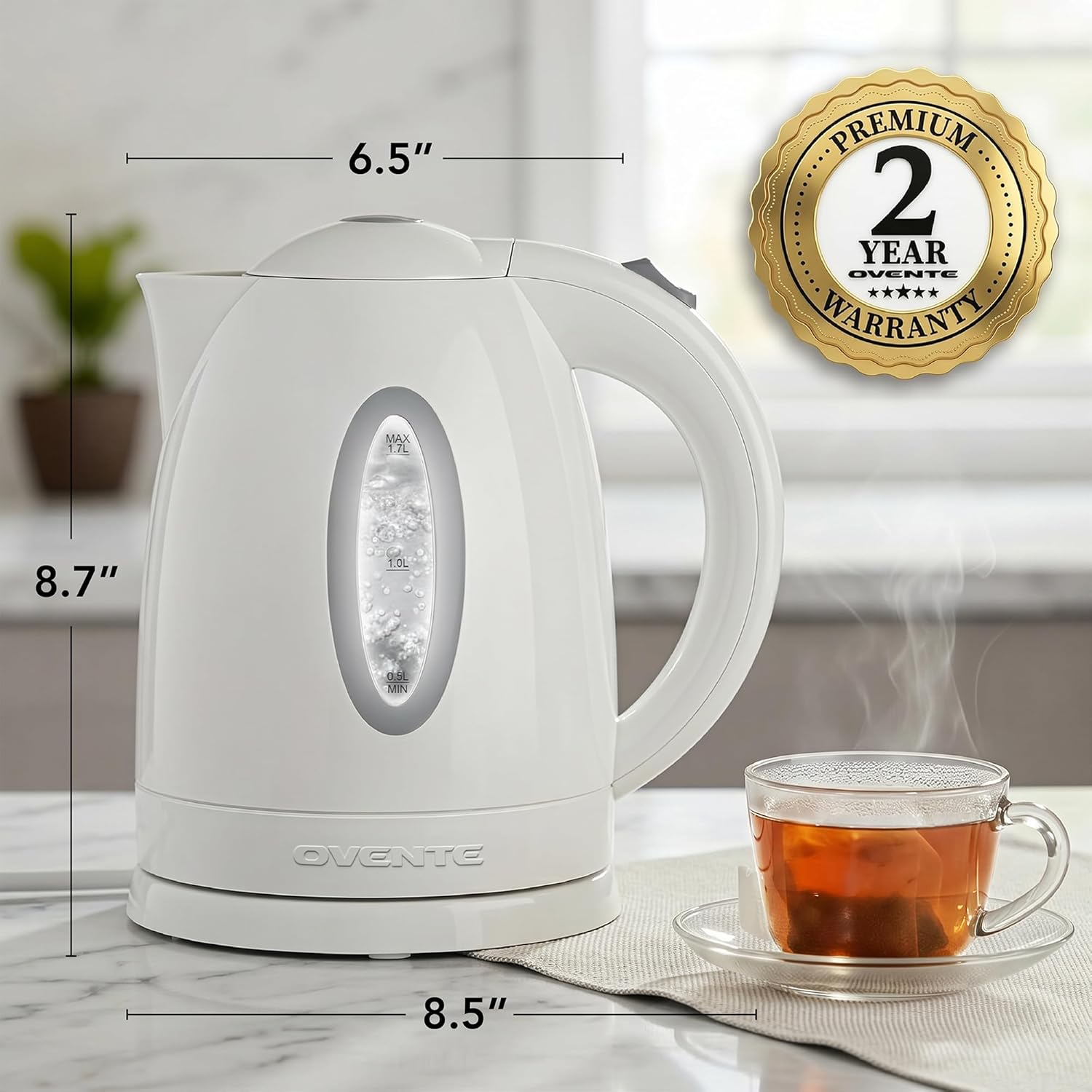 OVENTE 1.7L Electric Tea Kettle, 1100W BPA-Free Water Boiler, White KP72W