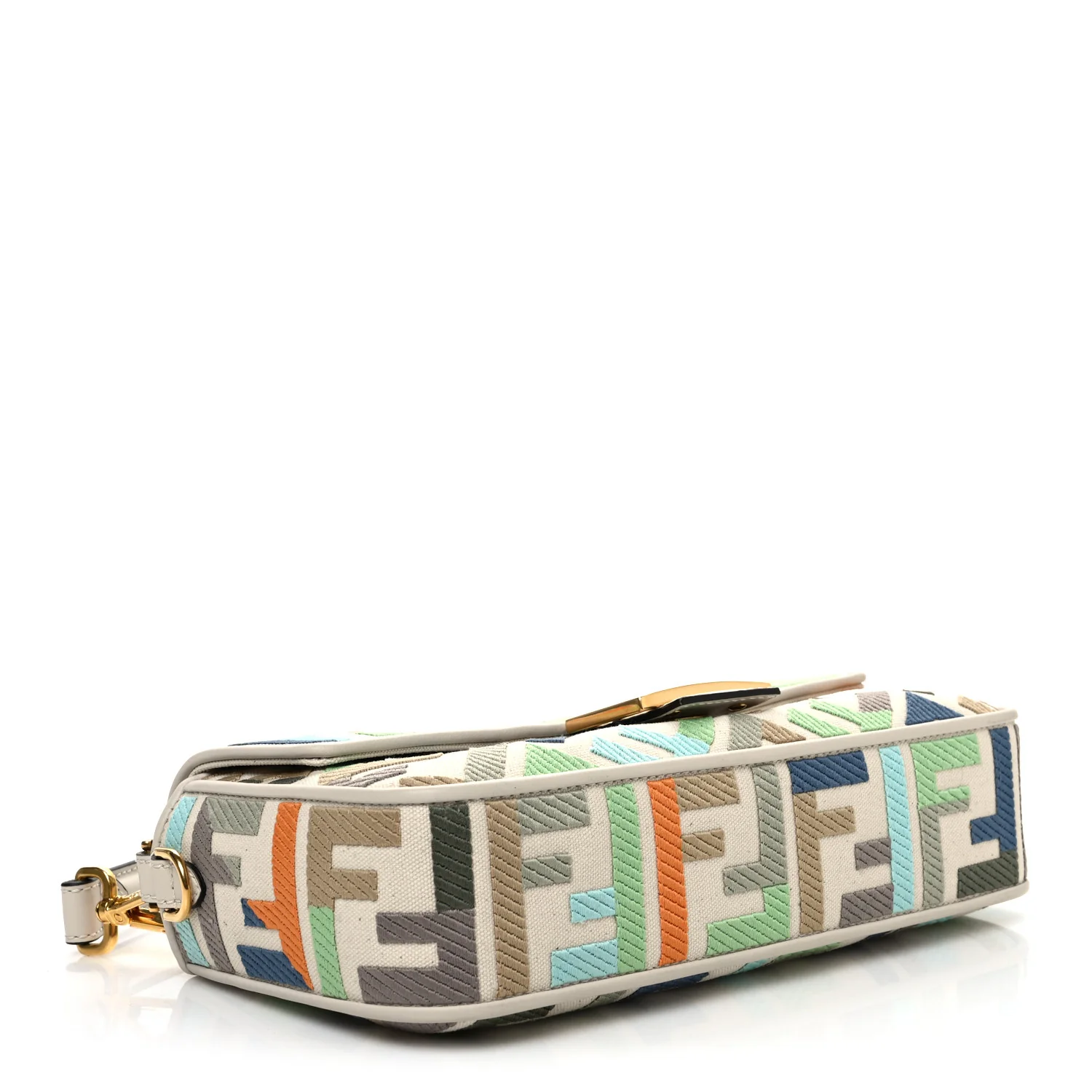 Canvas Vitello Seta FF Multicolor Embroidered Baguette Grezzo Multicolor Latte