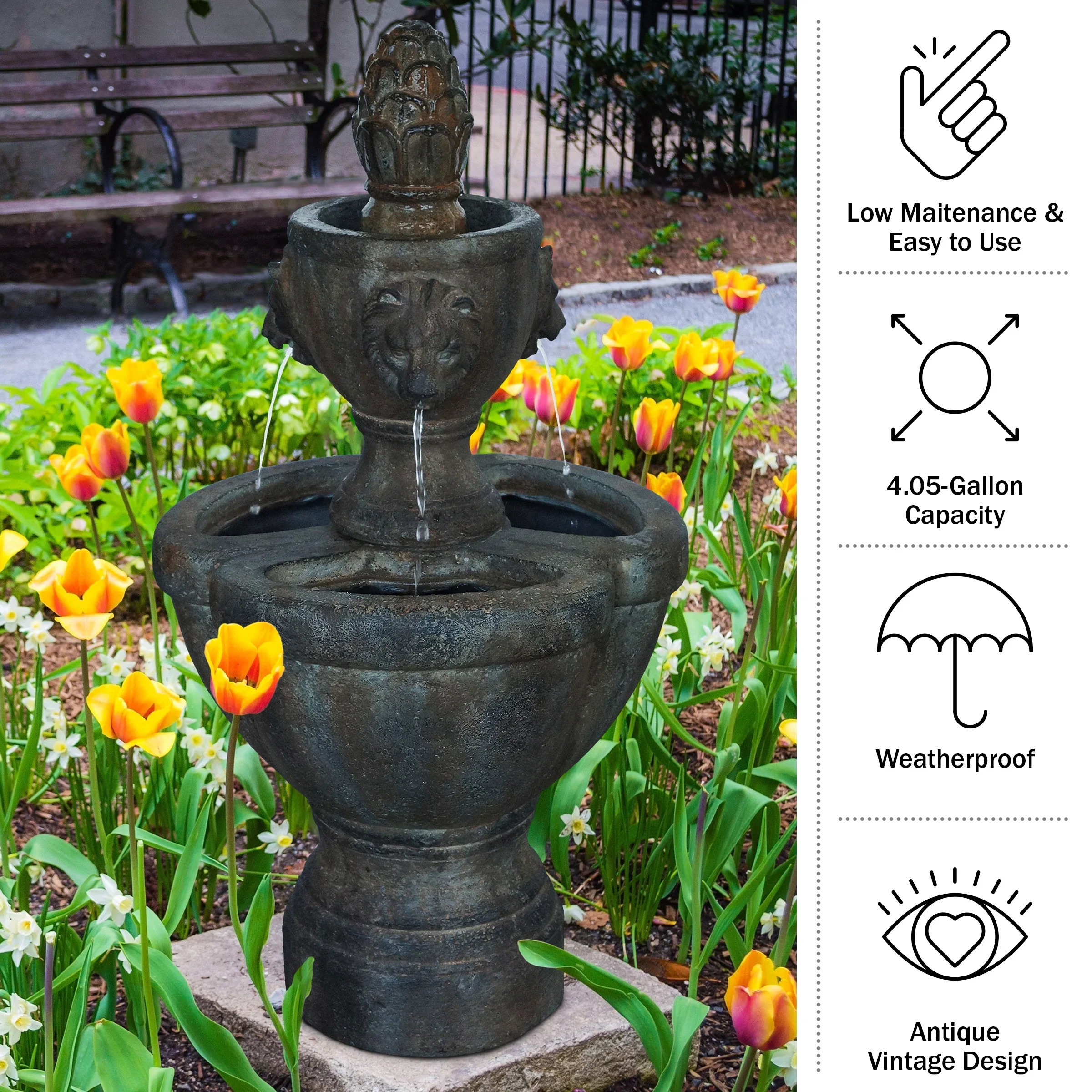 Pure Garden Polyresin Lawn and Garden Water Fountain with Lion Head Detail