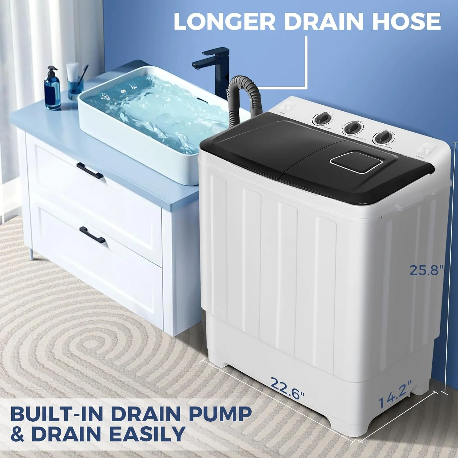 Portable Washer 30lbs, 2-in-1 Twin Tub Washer Dryer Combo Compact Semi-Automatic Washing Machine with Drain Pump, Black(Black) - Image 6