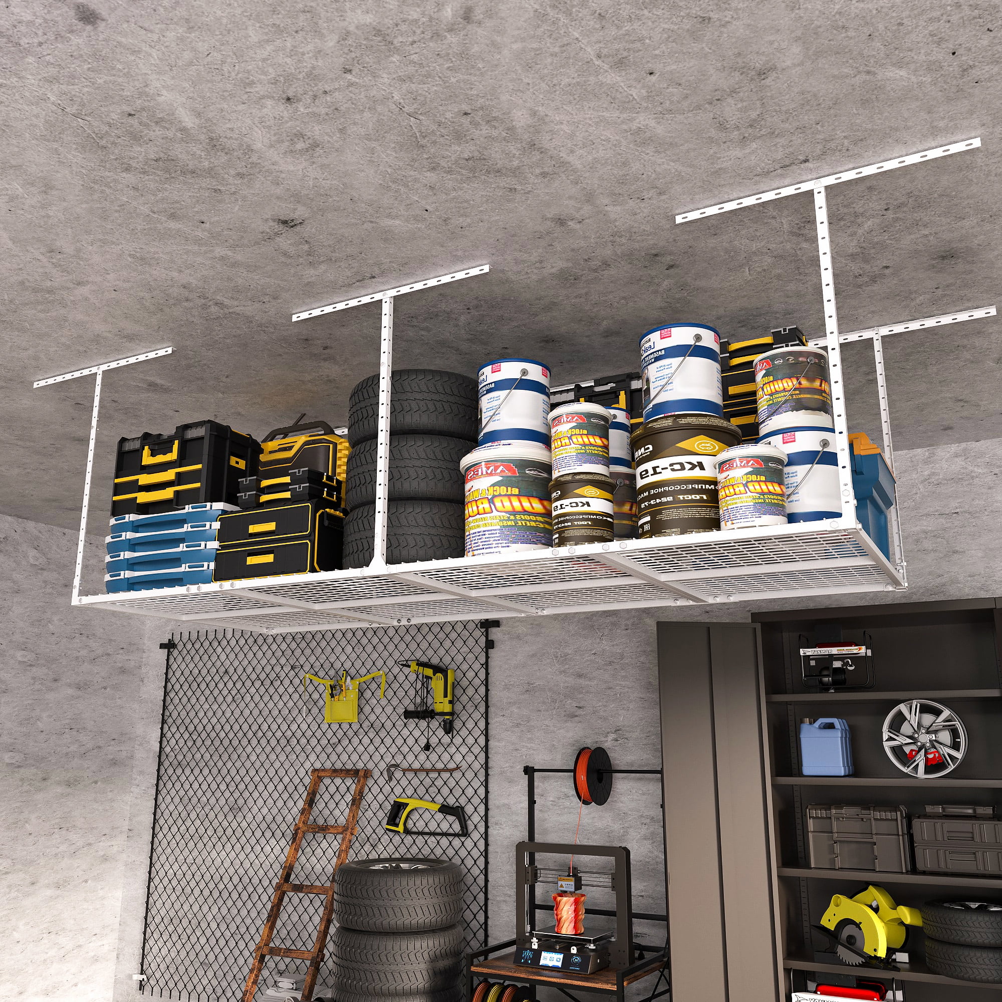 3 x 8FT Overhead Garage Storage Rack, Adjustable Ceiling Storage Racks, Garage Shelving Heavy Duty Storage Organizer System, 600 lb Weight Capacity (White)