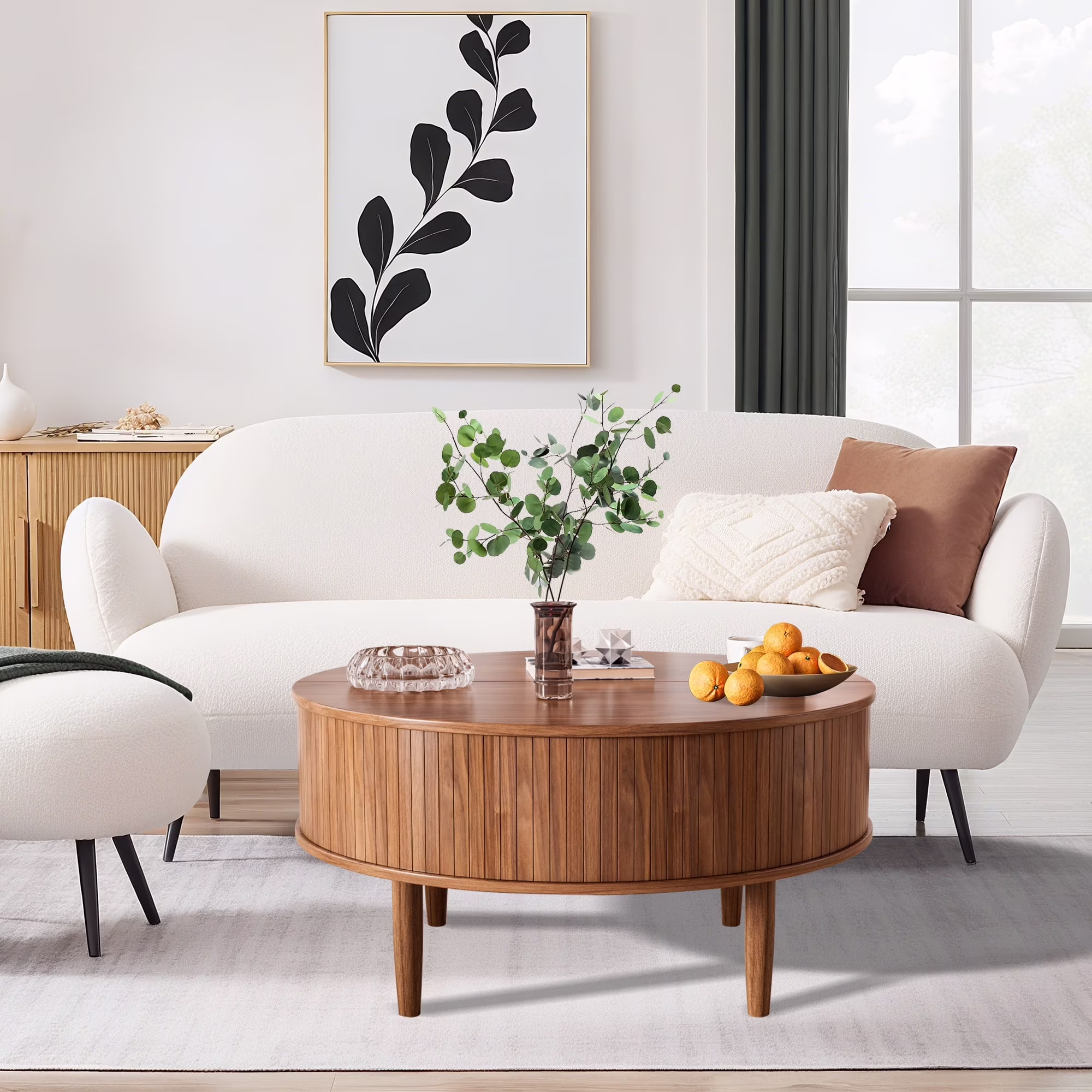 Round Coffee Table, Small Fluted Lift Top Center Table for Home Living Room Office, Walnut(Walnut)