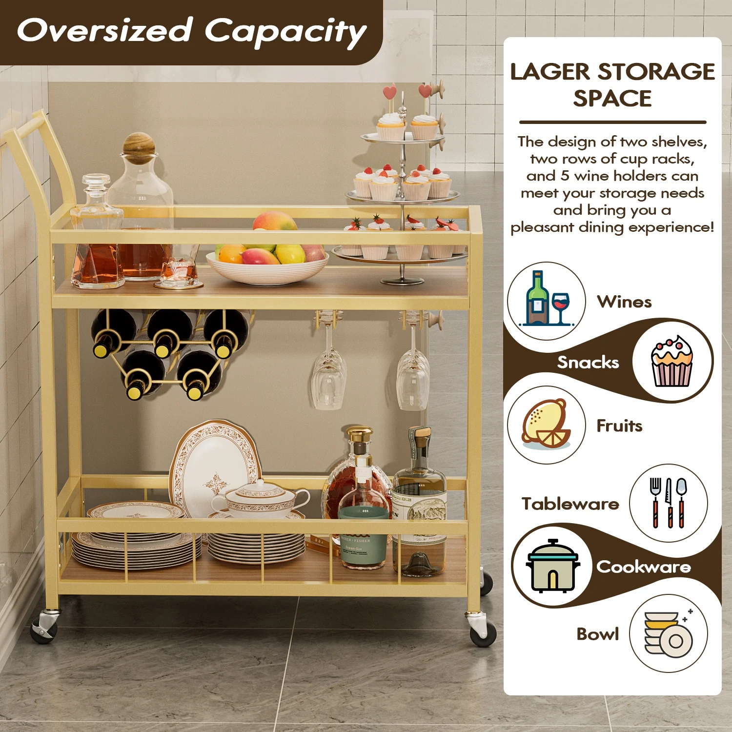 Bar Cart Home Industrial Mobile Bar Cart Serving Wine Cart on Wheels with Wine Rack and Glass Holder 2 Wood Storage Shelves for Living Room, Kitchen, Party (Gold)(Gold) - Image 5