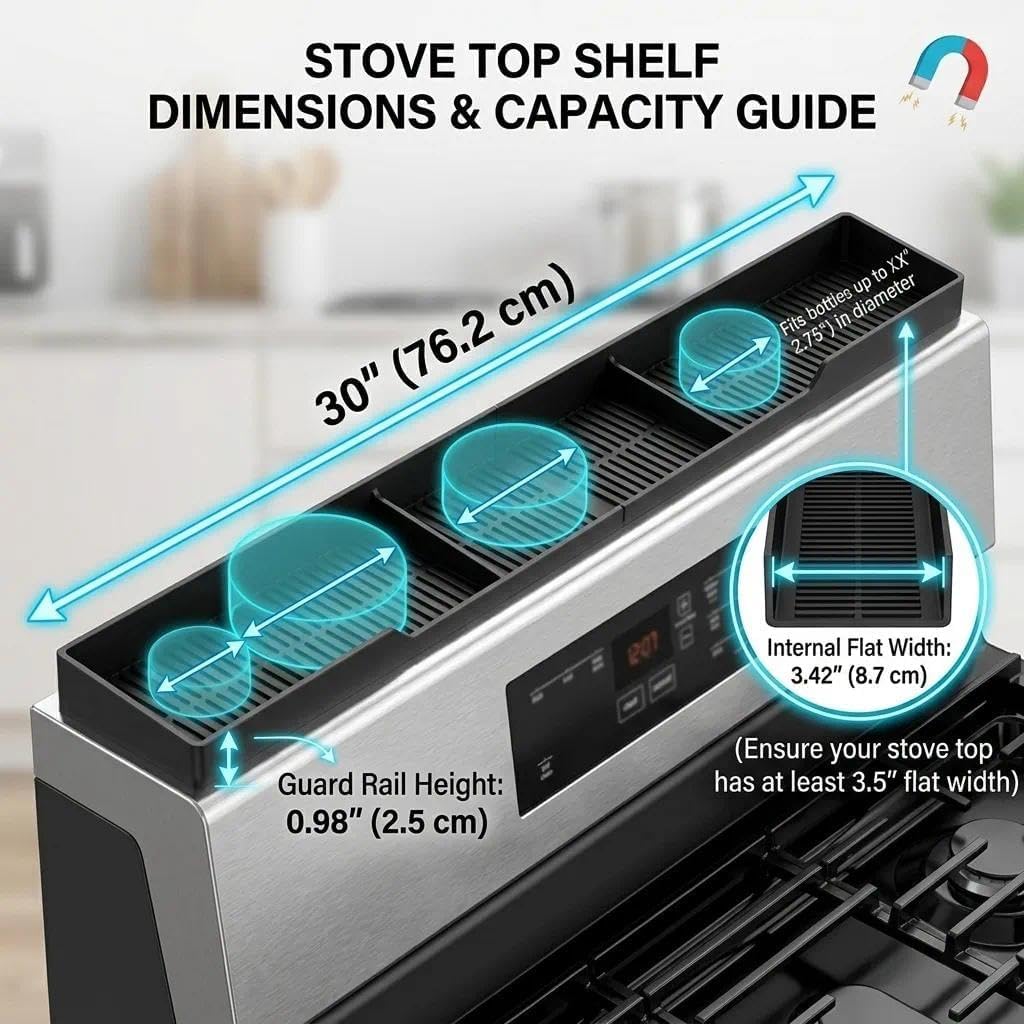 AWOKE Stove Top Shelf 30 Inch - Silicone Material Magnetic Shelf for Stove - 3 Functional Partitions Kitchen Spice Rack Organizer-Black, Kitchen Gadgets Storage Organization