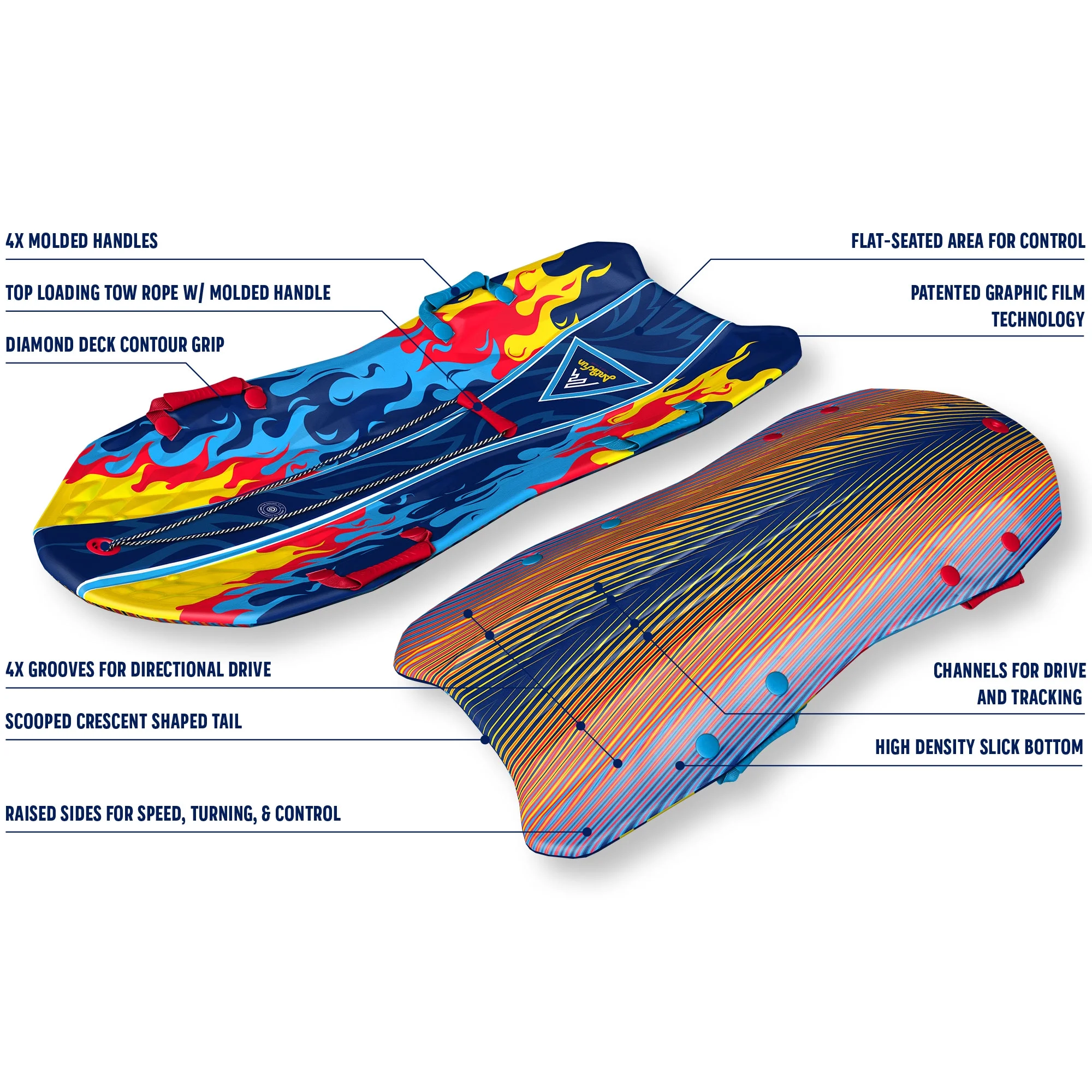 Artikfun Viperrari Premium Foam Snow Sled with Sound Effect 2 - Pack | Includes Motion Activated Sound Effect | Tow Rope and Handles | 50in - 127cm Design Length | Blue Burns