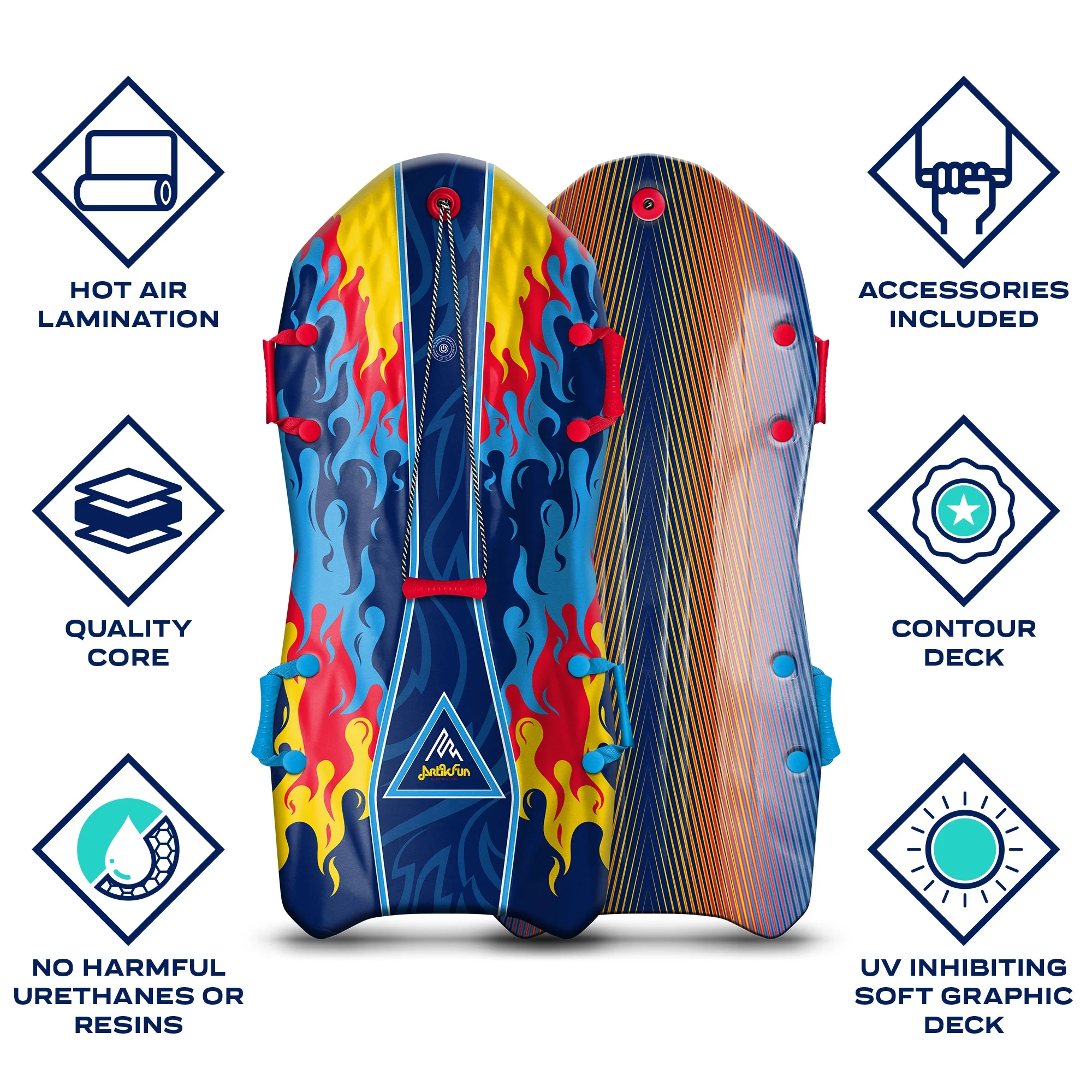 Artikfun Viperrari Premium Foam Snow Sled with Sound Effect 2 - Pack | Includes Motion Activated Sound Effect | Tow Rope and Handles | 50in - 127cm Design Length | Blue Burns