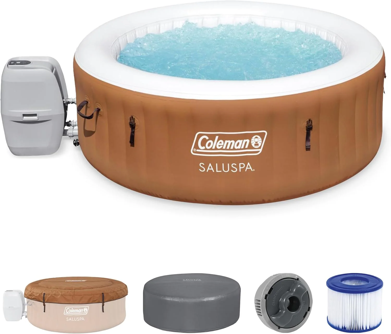 Spa gonflable rond portable Coleman SaluSpa Miami AirJet pour 2 à 4 personnes, avec 120 jets d'air apaisants et couverture isolante, noir.