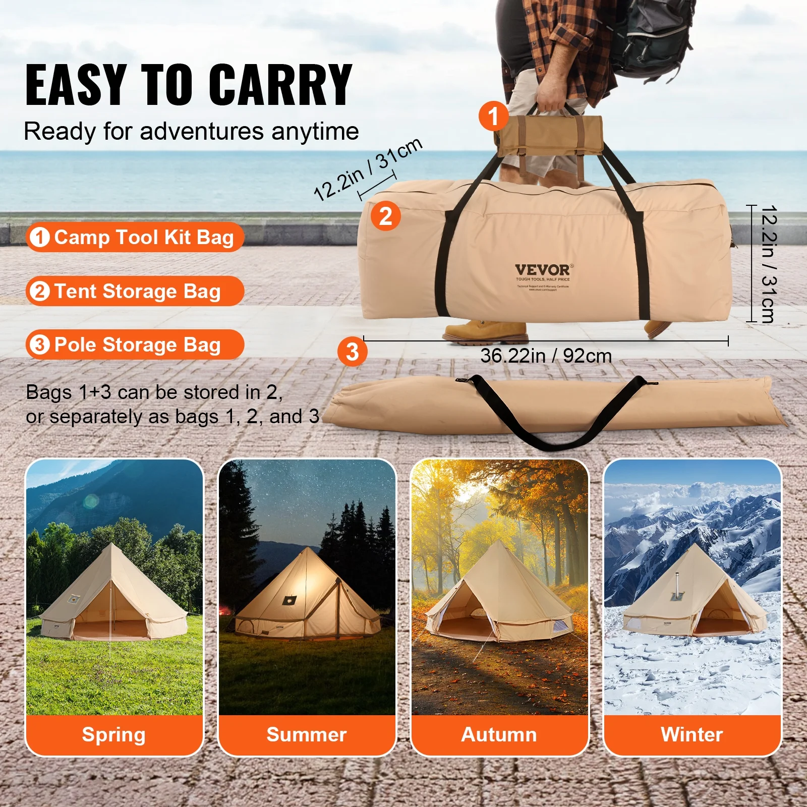 Canvas Bell Tent, 4 Seasons 4 m/13.12 ft Yurt Tent, Canvas Tent for Camping with Stove Jack, Breathable Tent Holds up to 6 People, Family Camping Outdoor Hunting Party - Image 6