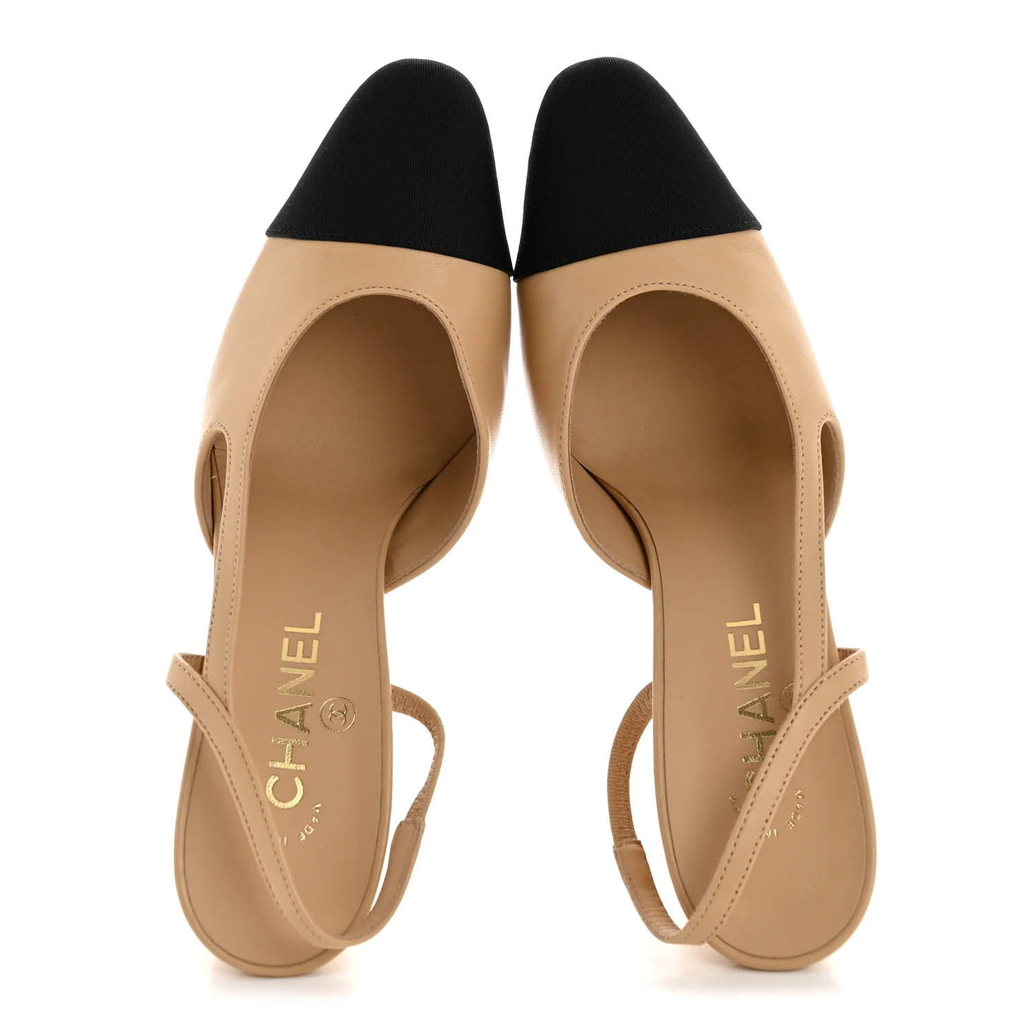 Goatskin Grosgrain Cap Toe CC Slingback Pumps 38.5 Beige Black