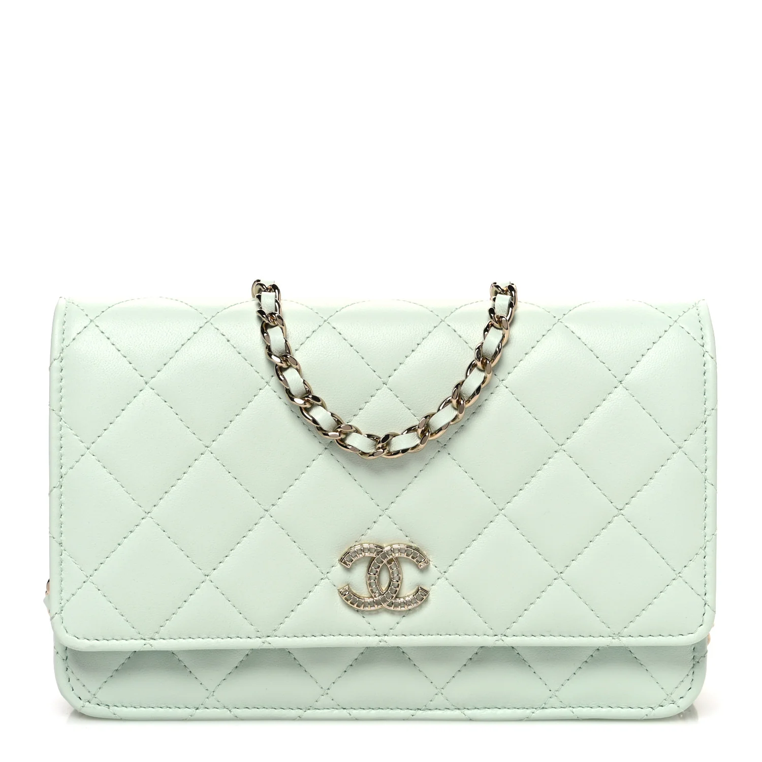 Lambskin Quilted Textured CC Wallet On Chain WOC Light Green
