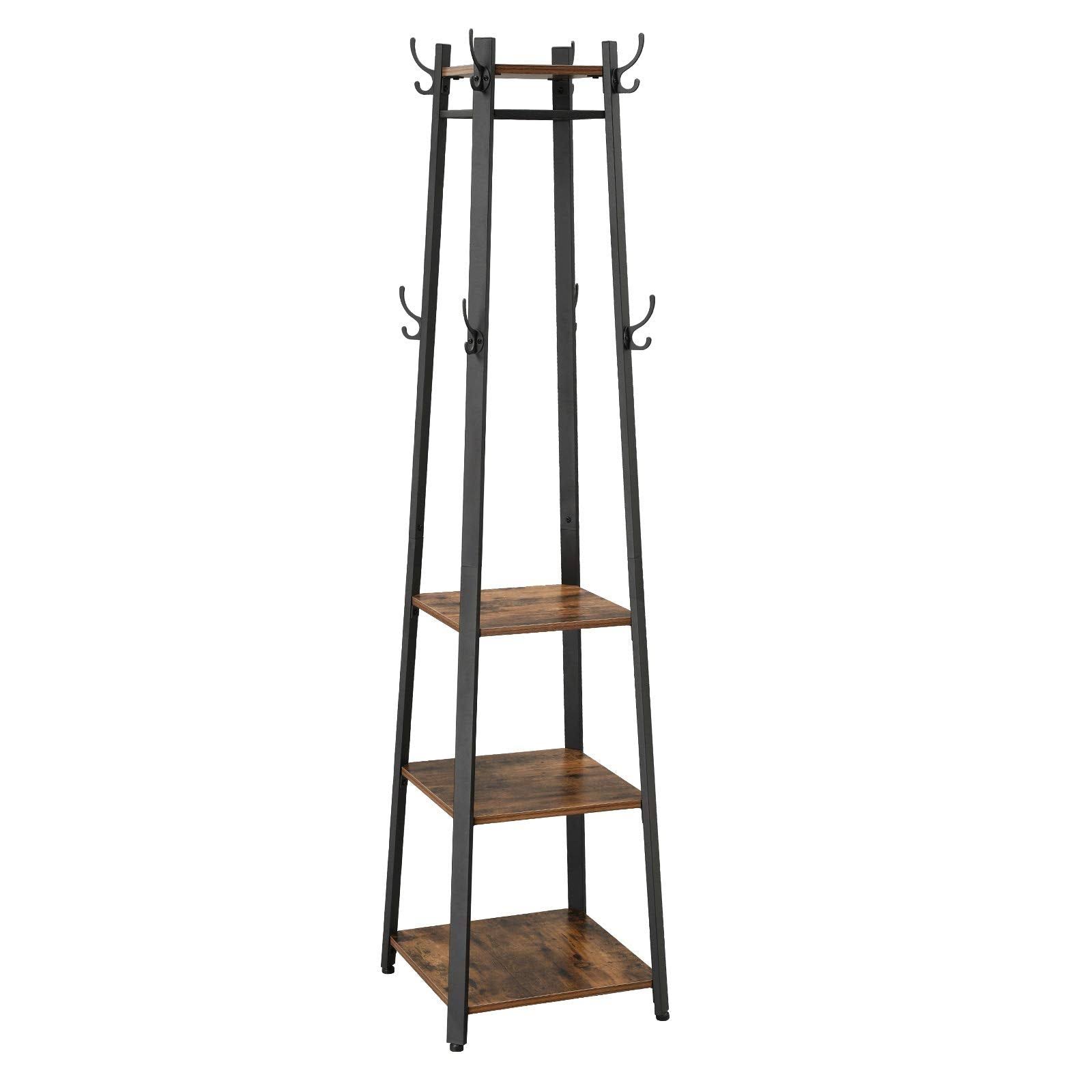 VASAGLE Industrial Coat Rack, Coat Stand with 3 Shelves, Ladder Shelf with Hooks