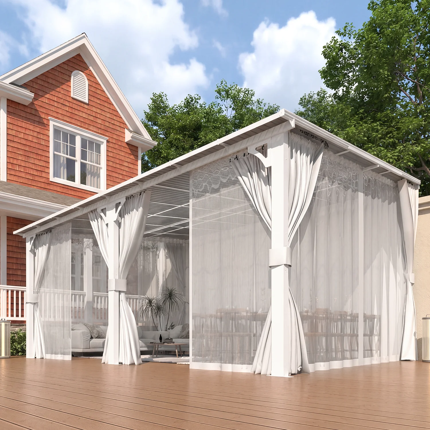 AECOJOY 16'x12' Wall Gazebo with Curtains and Mosquito Netting, White