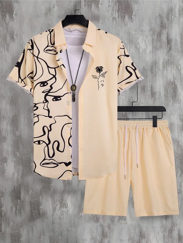 Suitmens Men's Hawaiian Print Short Sleeve Shirt Set 005