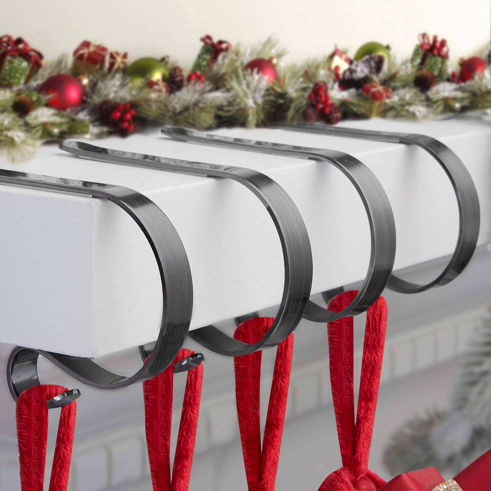 FINMOR Christmas Stocking Holders for Mantle Set 4,Protective Pads Christmas Stocking Holders for Fireplace Mantle,Multi-uses Stocking Hooks for