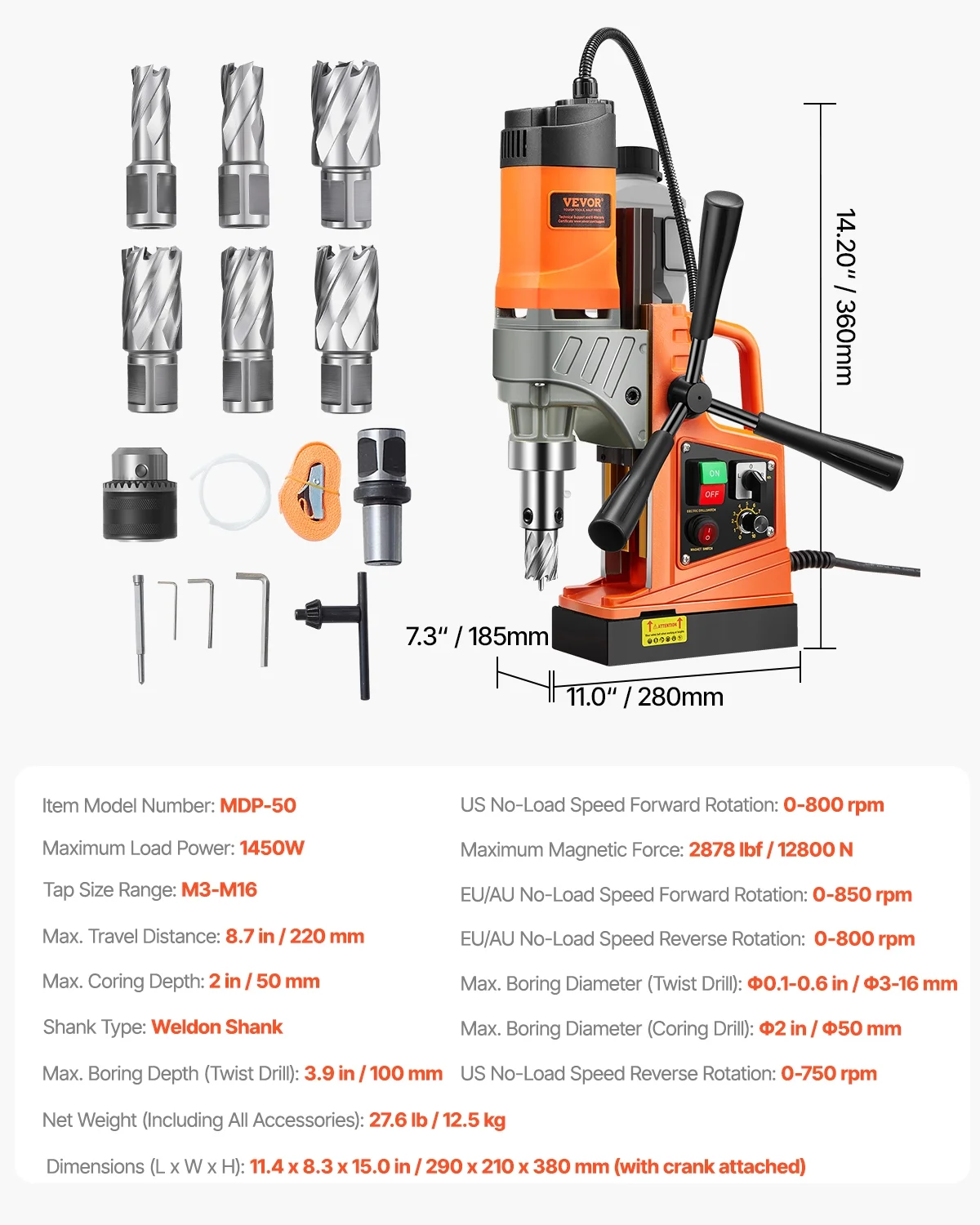 Magnetic Drill, 1450W Motor 2 in Boring Diameter, 2878 lbf Portable Electric Mag Drill Press, with 6 Coring Bits, Variable Speed, Drilling Machine for Metal Surface, Home Improvement Industry Image 7