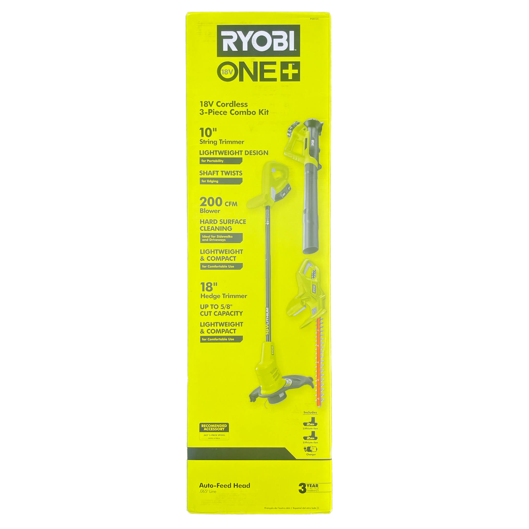 Ryobi One+ 18V Cordless Battery String Trimmer/Edger, Hedge Trimmer, Blower (3-Tool) w/ (2) 2.0 Ah Batteries and Charger