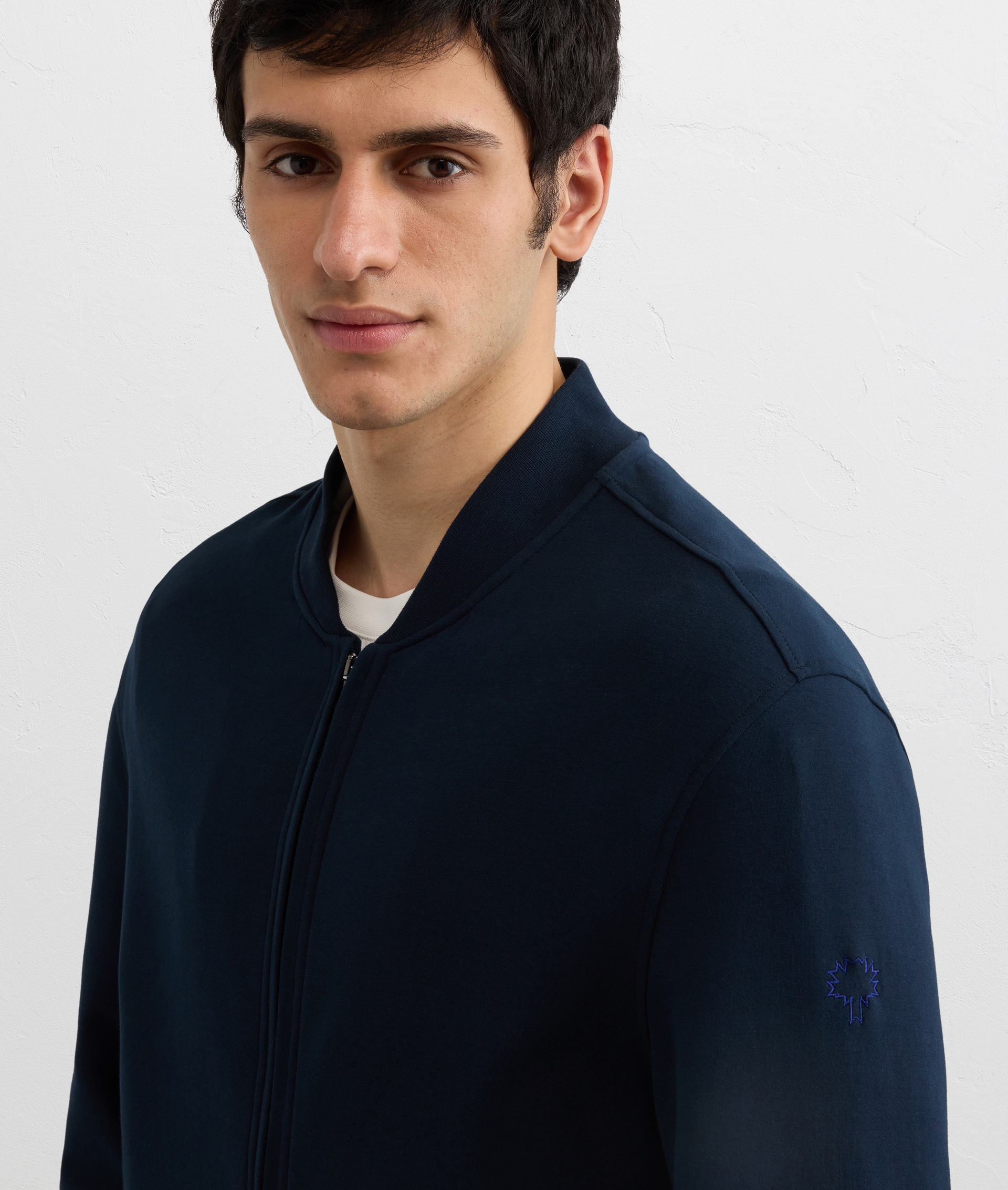NAVY BLUE PEACH EFFECT COTTON BOMBER SWEATSHIRT WITH ZIP AND EMBROIDERY