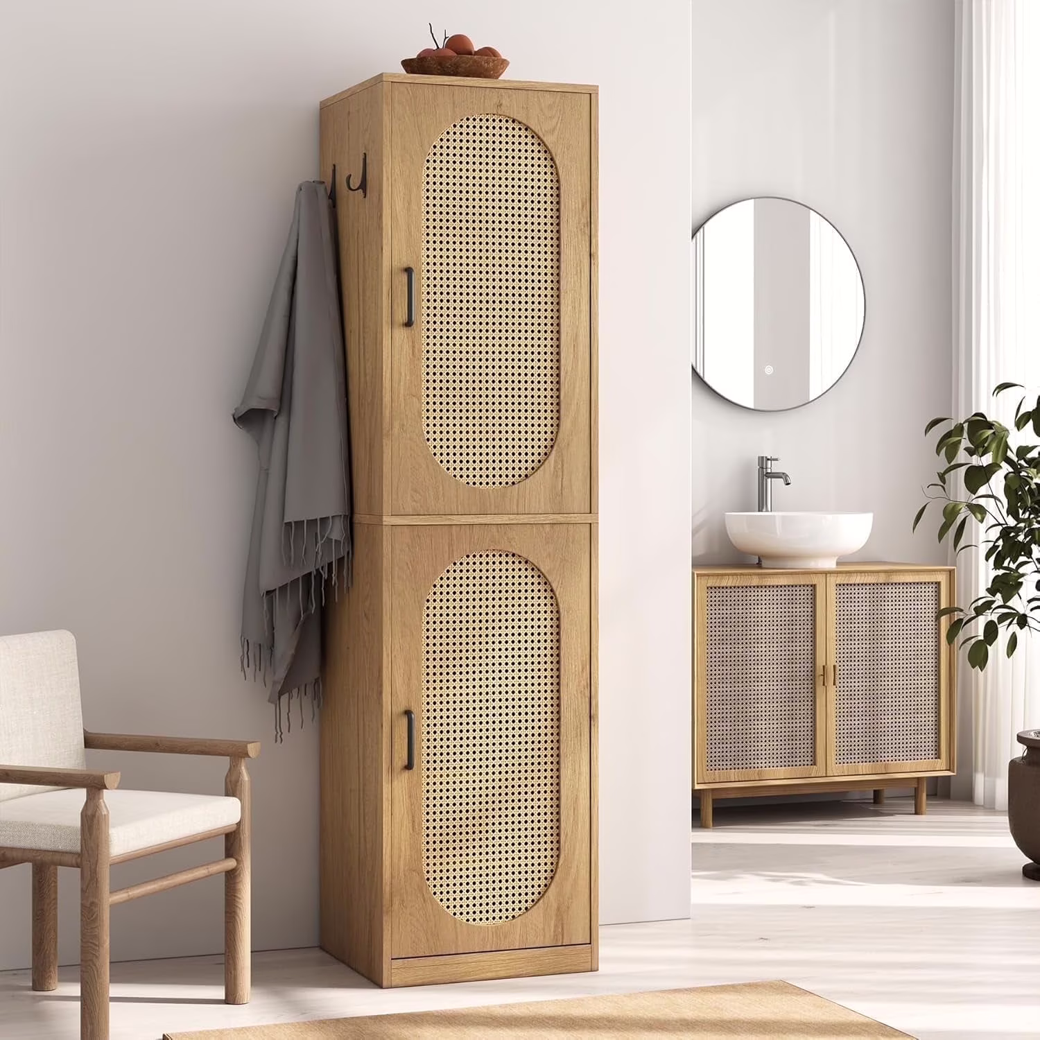 66 - Inch Bathroom Storage Cabinet with Rattan Doors, Bath Room Organizer Floor Cabinets Brown