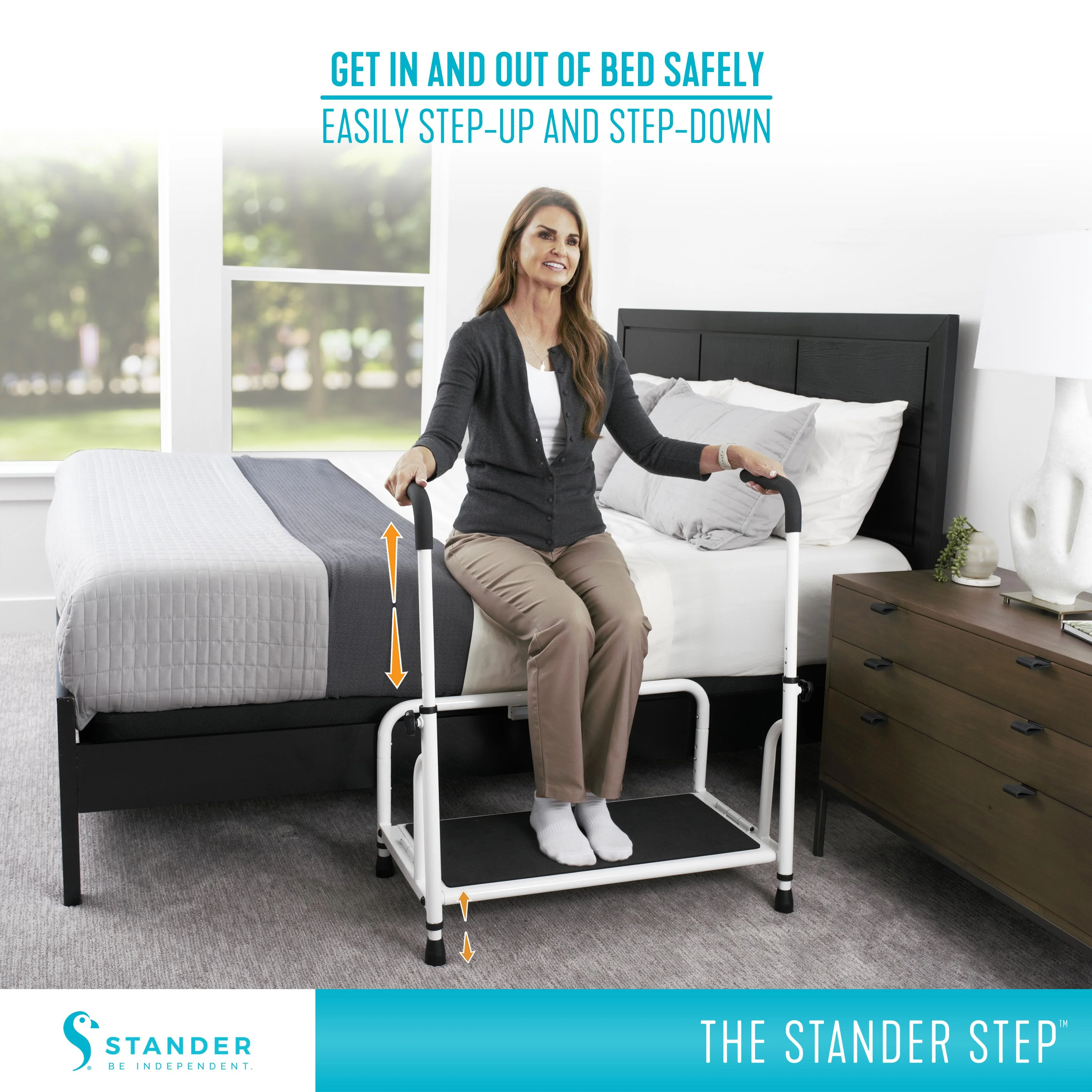Step Stool, Bed Step with Adjustable Hand Rails for Seniors and Elderly Adults, Extra Wide Heavy Duty Step Ladder, Stepping Stool with Grab Bars and Motion Activated Light, White(White) - Image 2