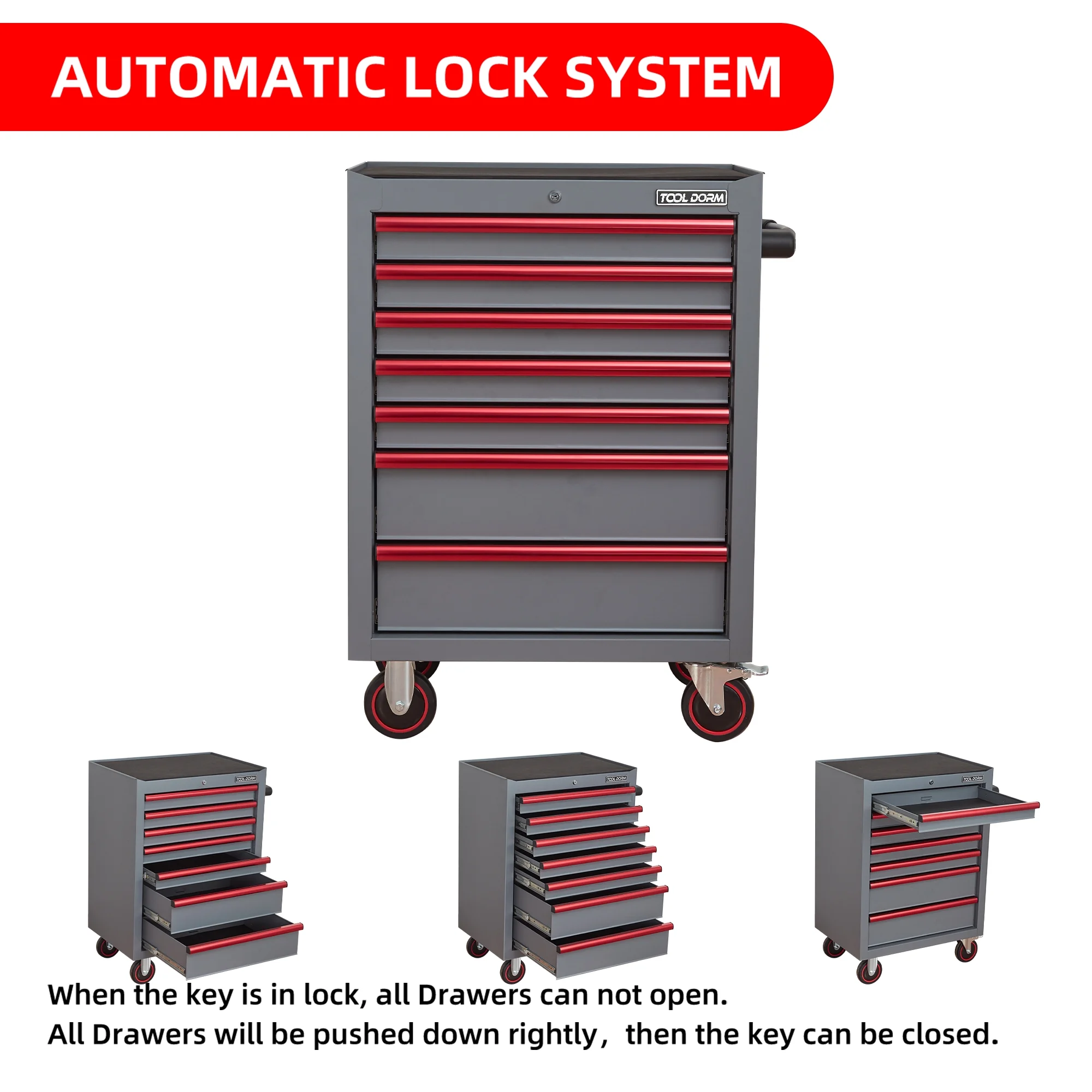 26.7inch Tool Cabinets Rolling Toolbox with 7 Drawers, Metal Tool Chest with Wheels, Gray Color, Tool Cart for Garage, Warehouse, Repair Shop, Workshop - Image 5