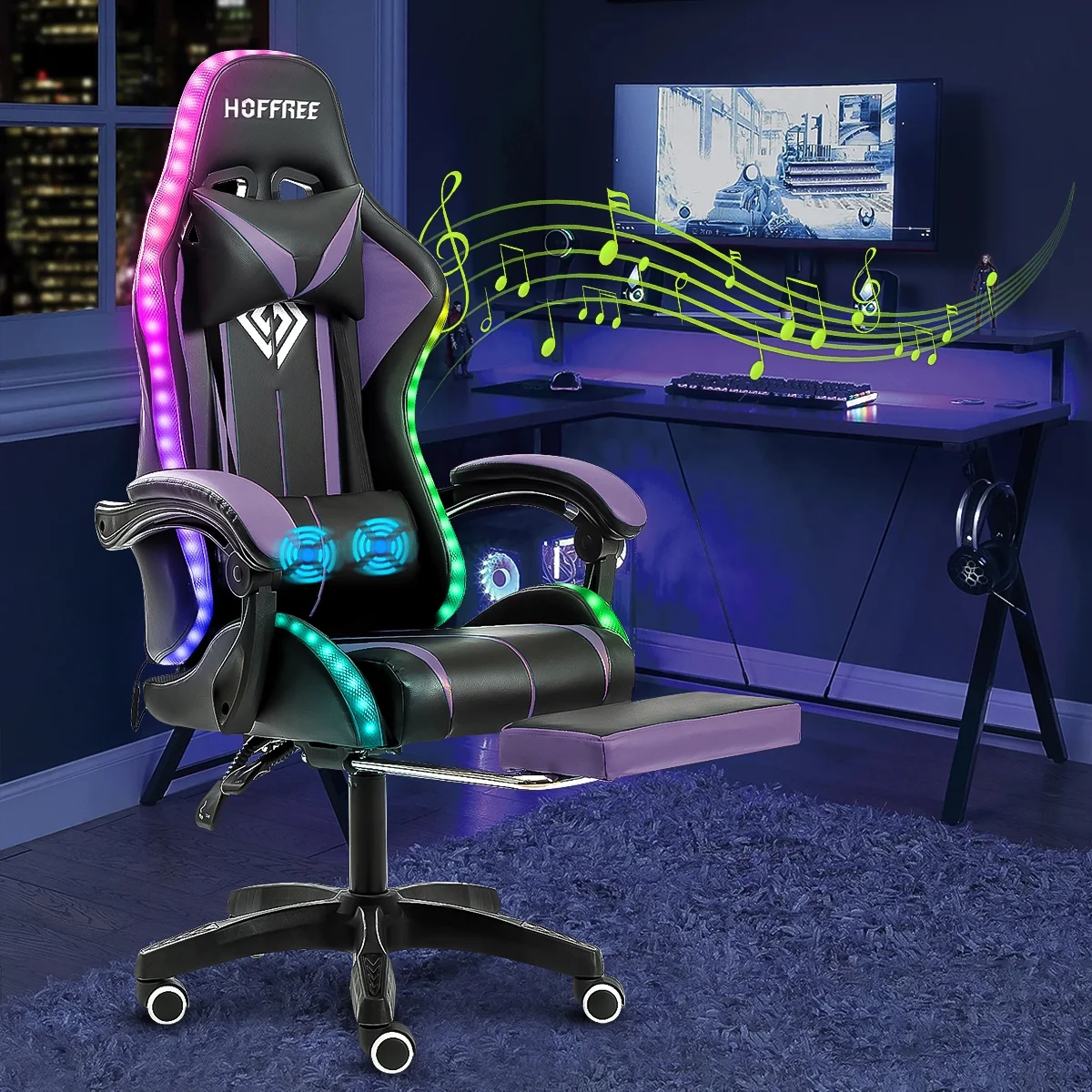 Hoffree Gaming Chair with Bluetooth Speakers and Footrest Massage Office Chair with LED Lights Ergonomic Game Chair High Back with Lumbar Support and Headrest Adjustable Swivel for Adults 300 lb