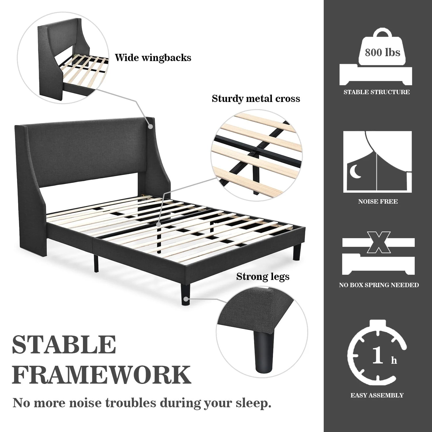 King Size Fabric Upholstered Platform Bed Frame with Wingback Headboard, Dark Grey(Full/Burnt Orange) - Image 6