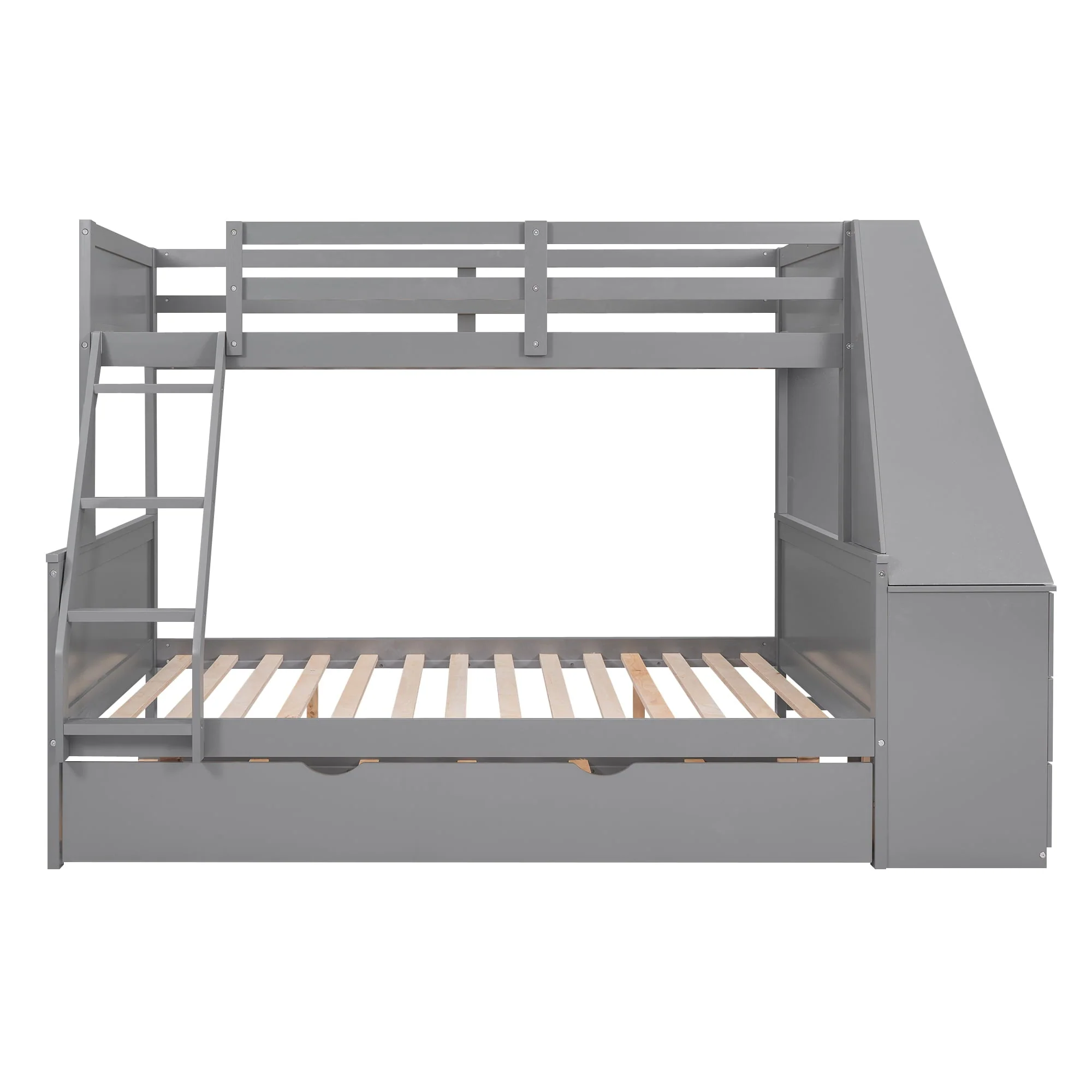 Twin over Full Bunk Bed with Trundle, Built-in Desk with Bookcase and 3 Drawers for Kids, Gray - Image 6