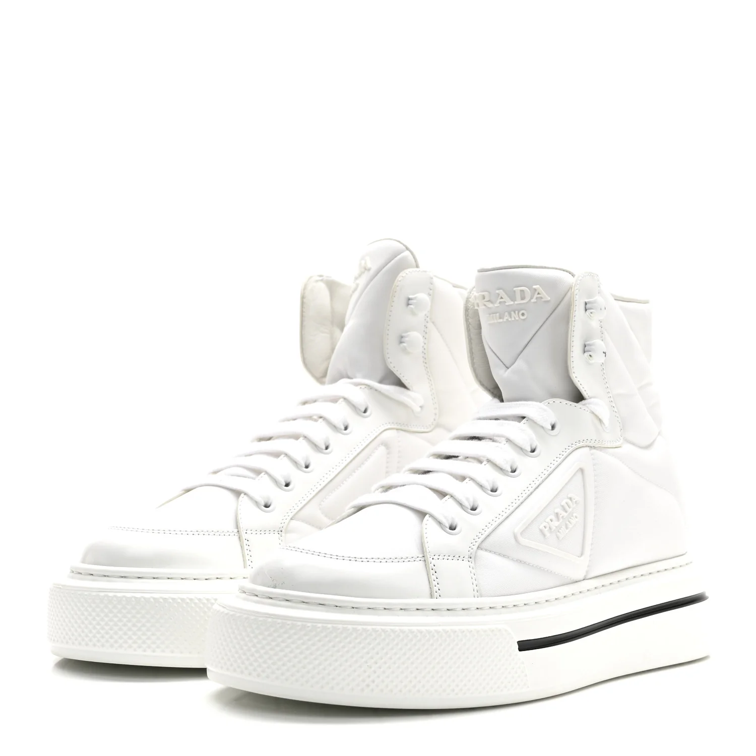 Re-Nylon Gabardine Spazzolato Macro Quilted Triangle Logo High Top 45mm Sneakers 38.5 White