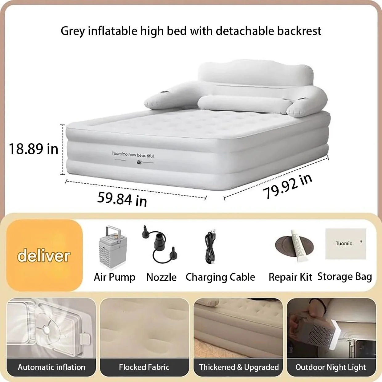 Queen Air Mattress with Backrest �C 18.9" Thick Inflatable Bed, Built-in Pump Night Light, Waterproof Flocked Top, 800lb Load-Bearing capacity (Light Grey)(Light Grey) - Image 2