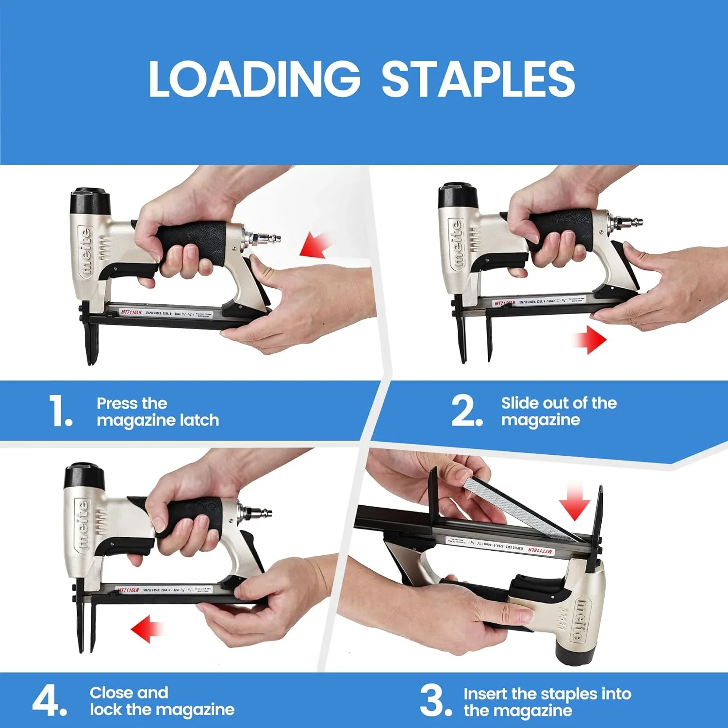 MEITE MT7116LN Pneumatic Staple Gun with Long Nose 22 Gauge 3/8 Crown 1/4 to 5/8 Length 71 Series
