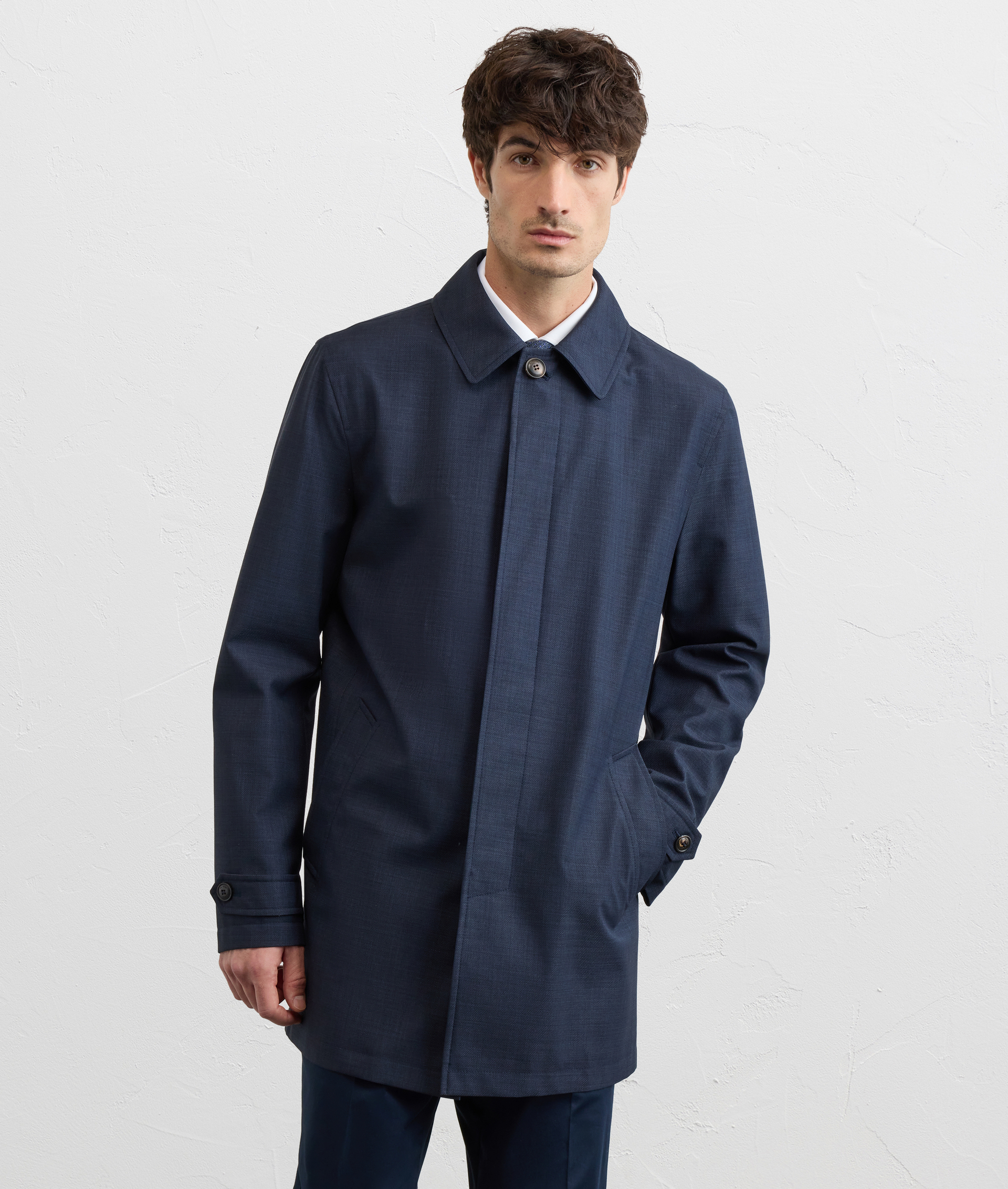 NAVY BLUE WATER REPELLENT MICROSTRUCTURE POLYESTER CAR COAT