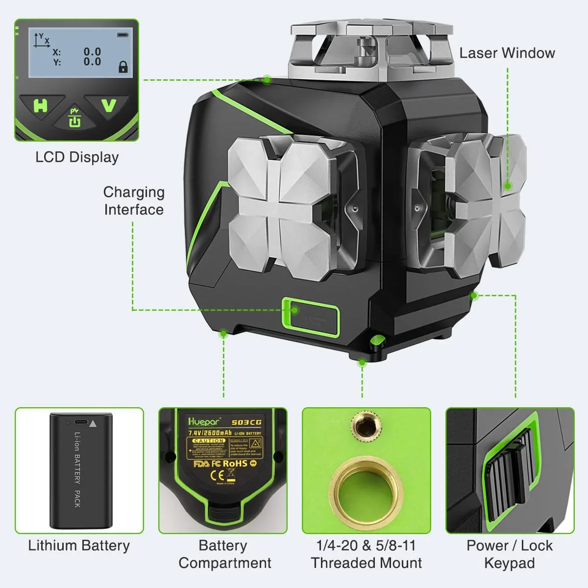 4D 16 Lines Self-Leveling Laser Level, 200Ft Green Beam 4 x 360° Cross Line Laser Level Tools with LCD Screen, Bluetooth and Magnetic Bracket