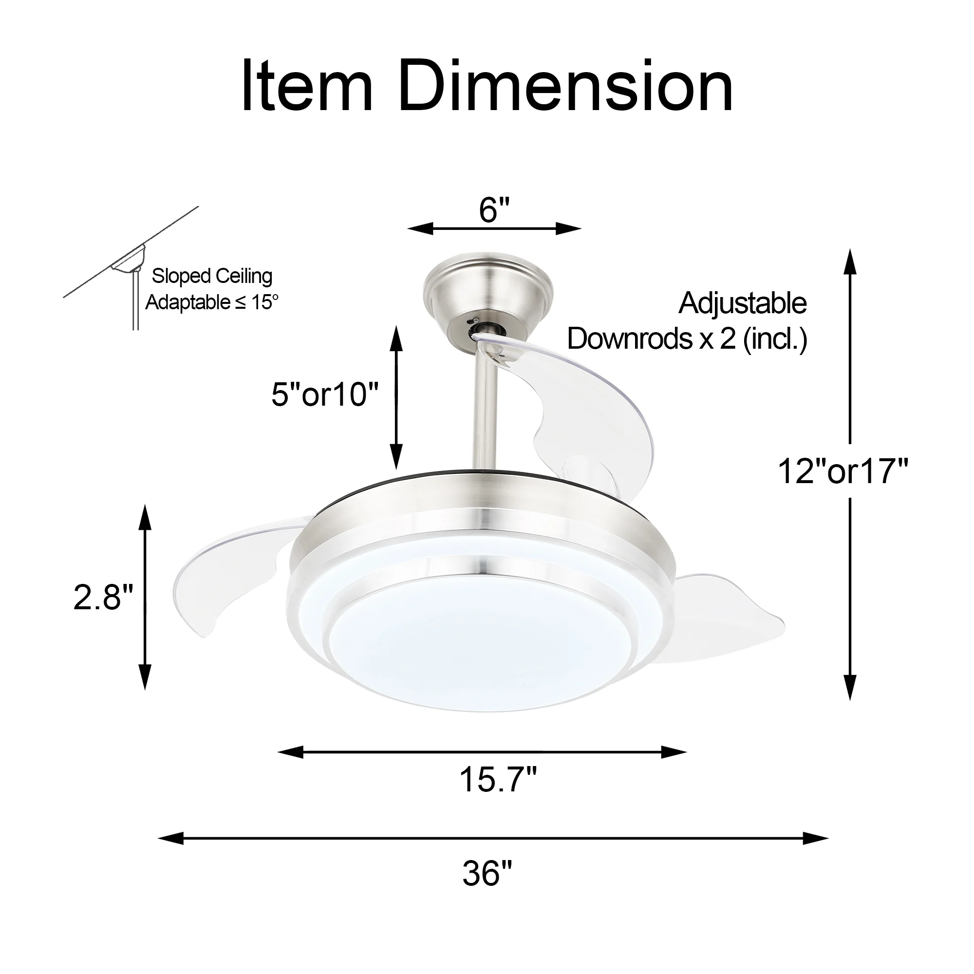 36'' LED Retractable Blades Ceiling Fan with Remote Control and Light Kit, 6-Speed Ceiling Fan with Reversile Blades