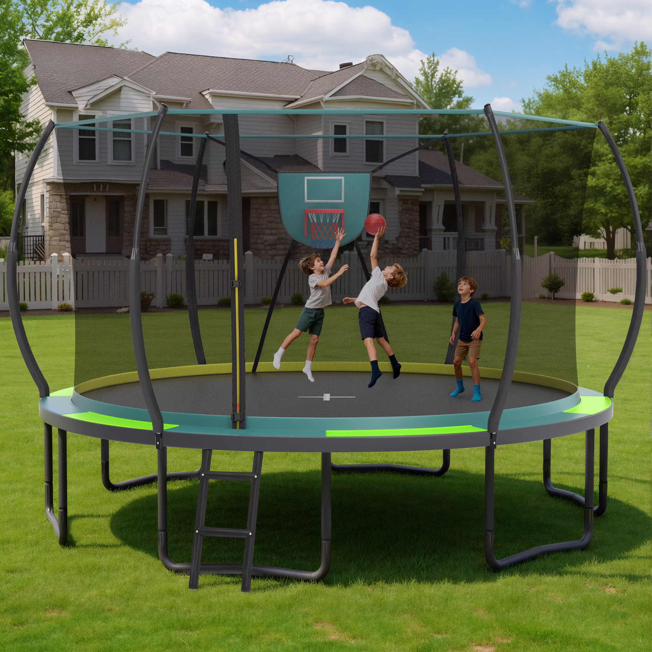 14FT Trampoline with Enclosure for Kids Adults, Outdoor Pumpkin Round Recreational Trampoline with No-Gap Design, Heavy Duty Backyard Trampoline with Curved Fiberglass Poles for Indoor Outdoo(14FT-Green)