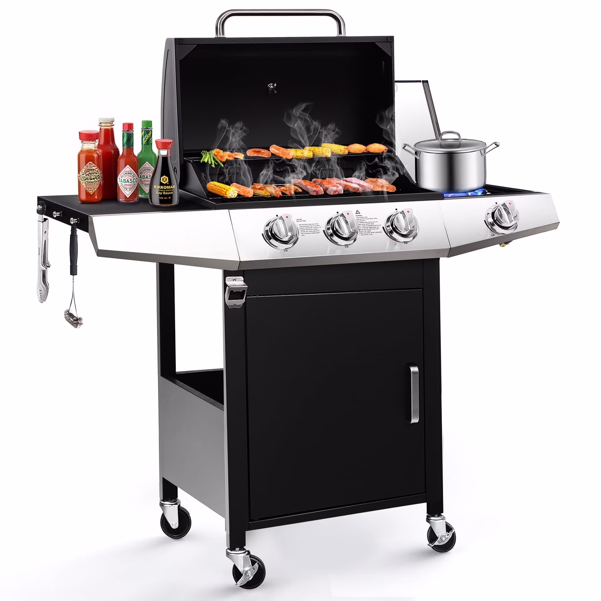 BBQ Grill, Gas Grill with Side Burner, 40,000BTU 3-Burner Propane Grill w/Storage Cabinet, Steel Brush, Stainless Steel Camping for Backyard Patio, Portable Design on Wheels(3 Burner w/Side Burner)