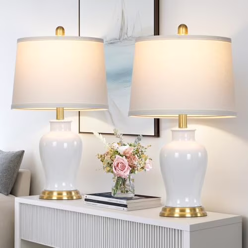 Modern Ceramic Table Lamps Set of 2, 23" White Ceramic Lamps for Living Room, Rustic Farmhouse Bedside Lamp with Ginger Jar Design, Elegant Bedroom Lamp for Nightstand Desk Side End Table Home Decor(Pink-Flower Lampshade) - Image 5