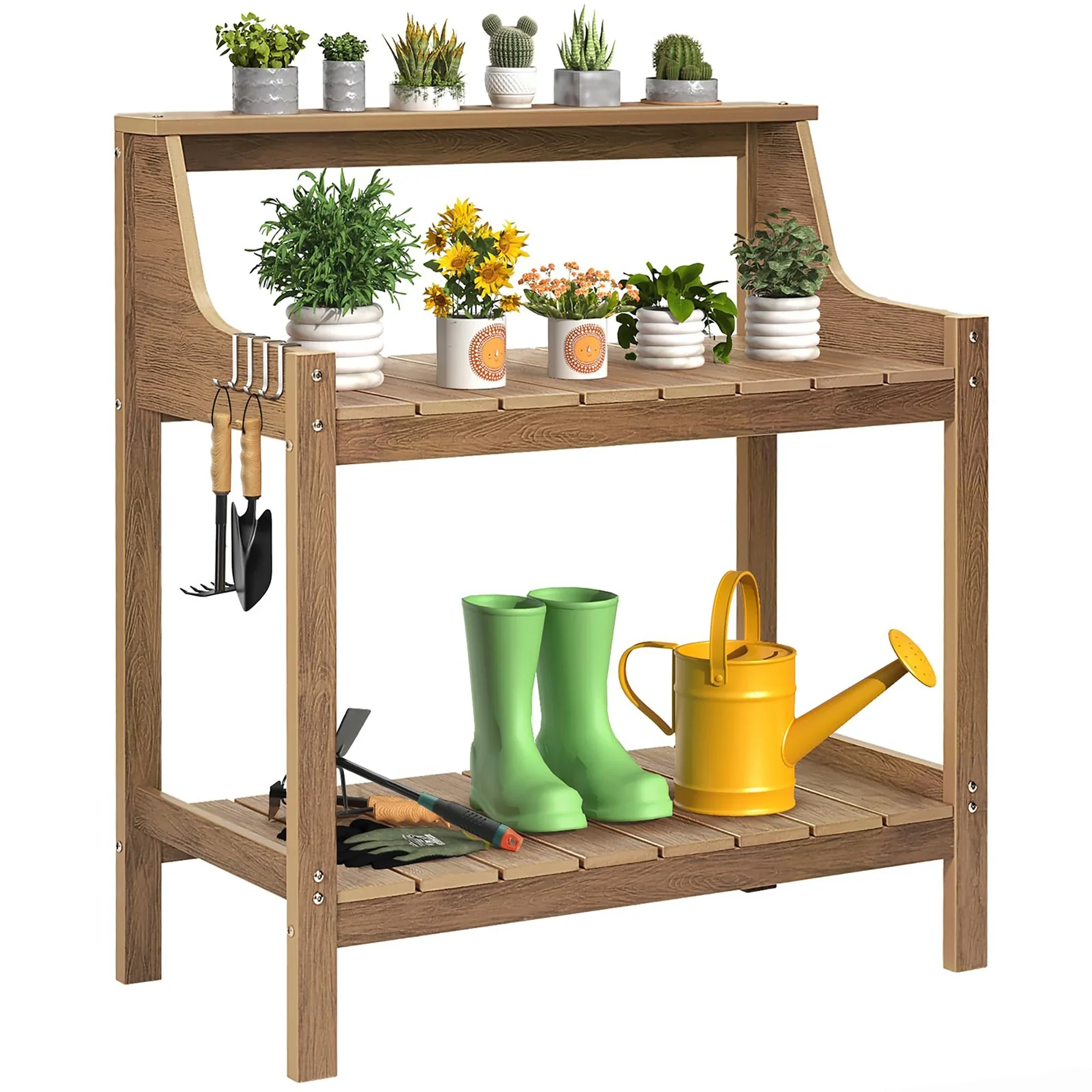 Potting Bench Table, HDPS Potting Bench with 4 Side Hooks, All-Weather Garden Table Work Station, Outdoor Potting Table for Porch