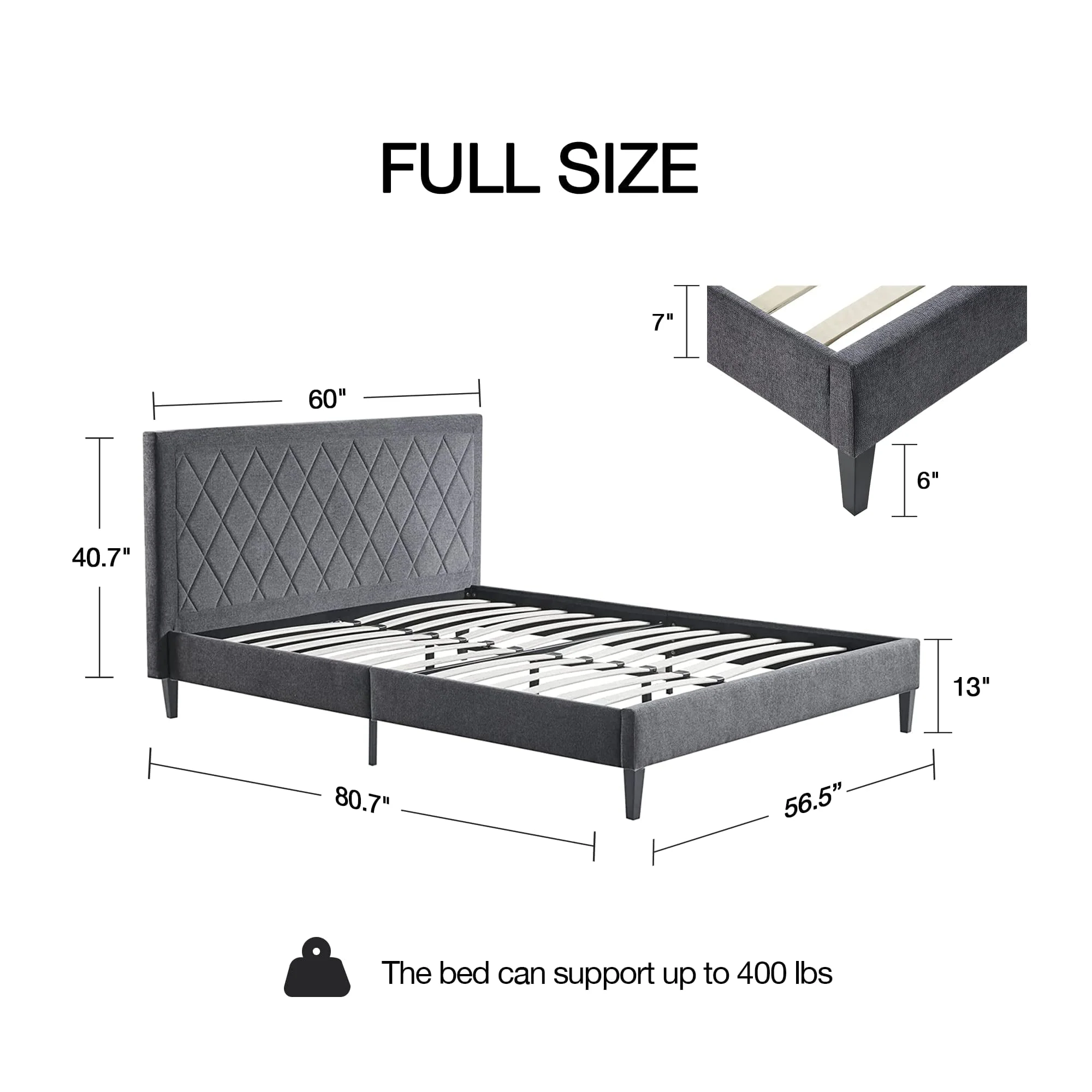 510 Design Wooden Full Size Quilted Upholstered Platform Bed Frame Bedroom with Headboard Charcoal(Full)