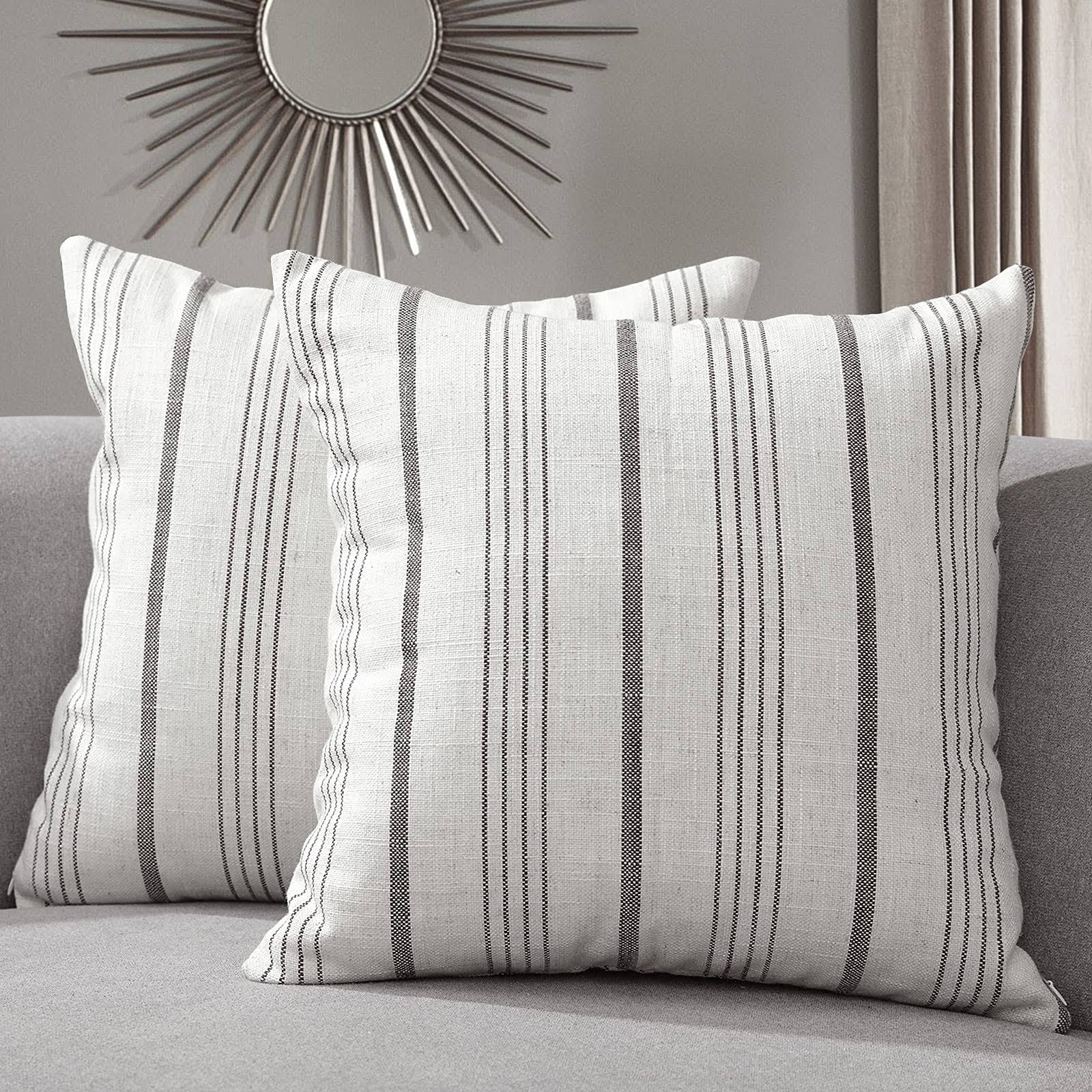 Sunlit Decorative Farmhouse Throw Pillow Case, Set of 2 Cream/Off-White with Gray Stripes Modern Accent Square Pillow Cover, 24