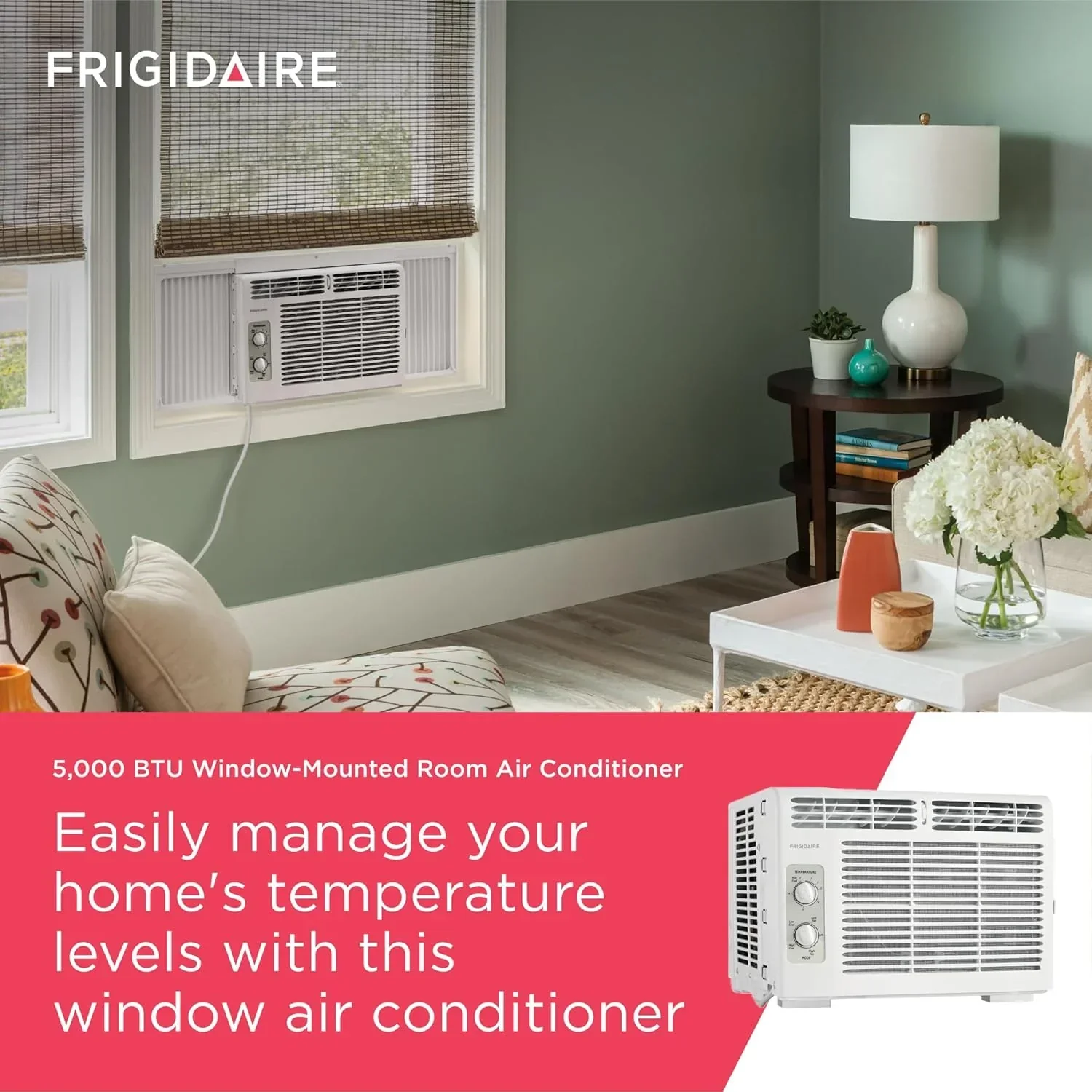 Climatiseur de fenêtre Frigidaire 5 000 BTU avec télécommande. Refroidit jusqu'à 150 pi². Fonctionnement silencieux.