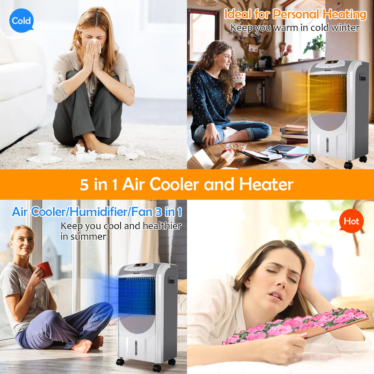 Costway Portable Air Cooler Fan Heater Humidifier with Washable Filter Remote Control Image 3