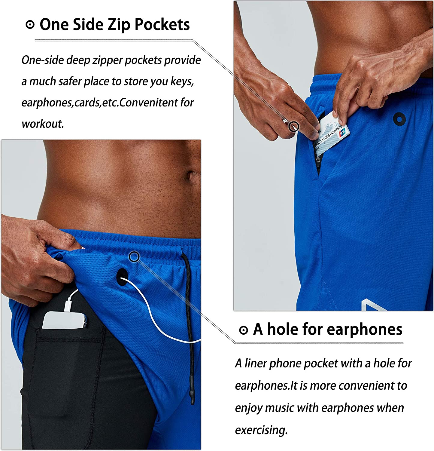Short de running 2 en 1 pour homme, séchage rapide, avec poche pour téléphone, idéal pour la salle de sport et la course.