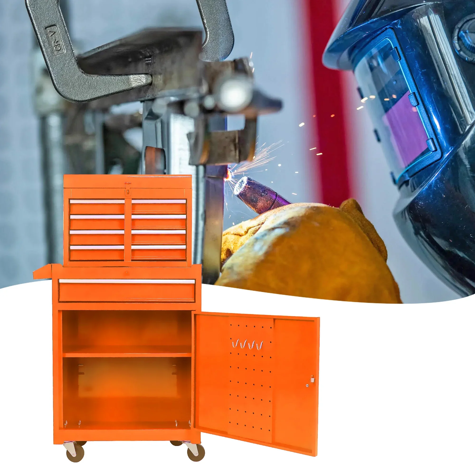 5-Drawer Rolling Tool Chest & Removable Tool Box with Locking System, Tool Box Organizer with 4 Wheels&Hooks, Large Capacity Garage Storage Cabinet for Warehouse and Repair Shop, Orange
