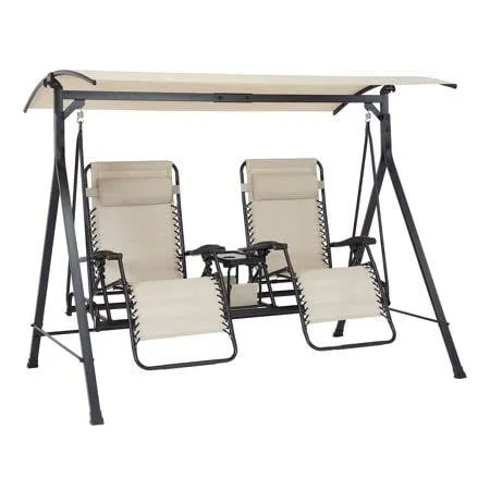 Balancelle de porche Mainstays Zero-Gravity en acier - Beige/Noir, Dimensions : 90,55 po x 58,27 po x 72,44 po