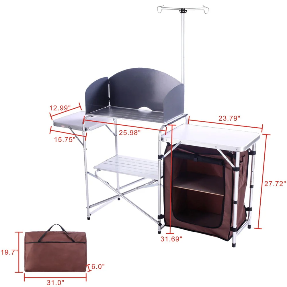 Folding Cooking Table Outdoor Portable Cook Station Aluminum Camping Kitchen with Storage Organizer, Silver