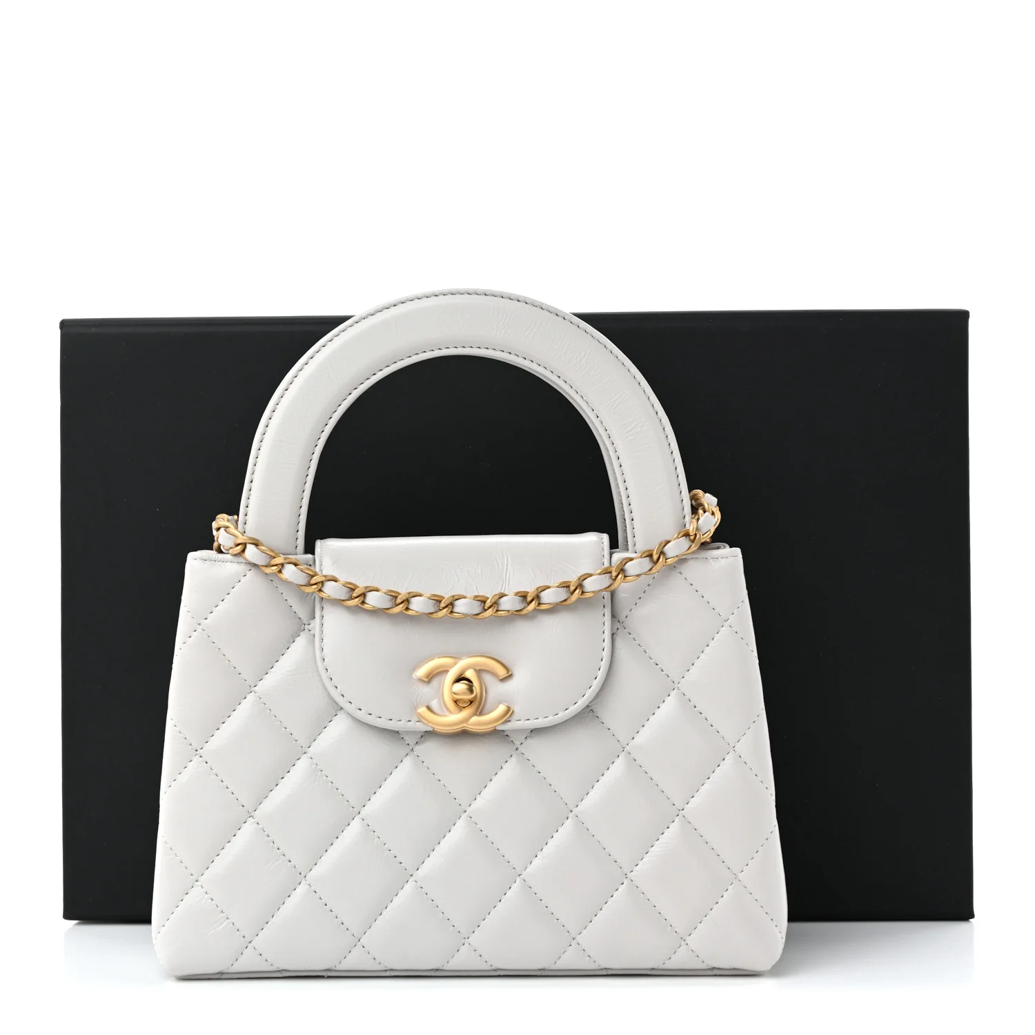Shiny Aged Calfskin Quilted Nano Kelly Shopper Light Grey