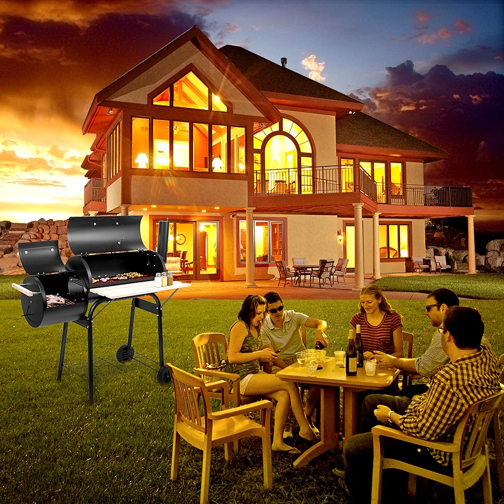 ENYOPRO Outdoor Charcoal Grill and Smoker, Charcoal Barbecue Grill with Large Cooking Surface, Oil Drum Charcoal Furnace and Offset Smoker Combo with Wheels, for Camping Garden Backyard Cooking Picnic